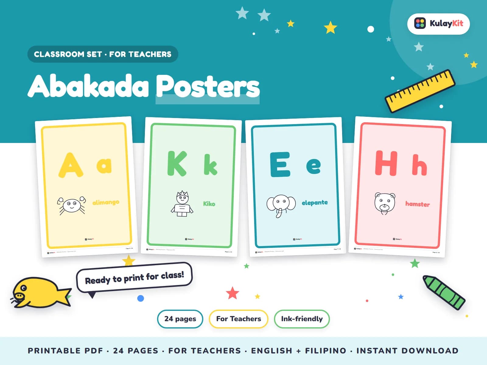 Cover of Abakada Posters, a printable pack for teachers and parents, showing four of its pages