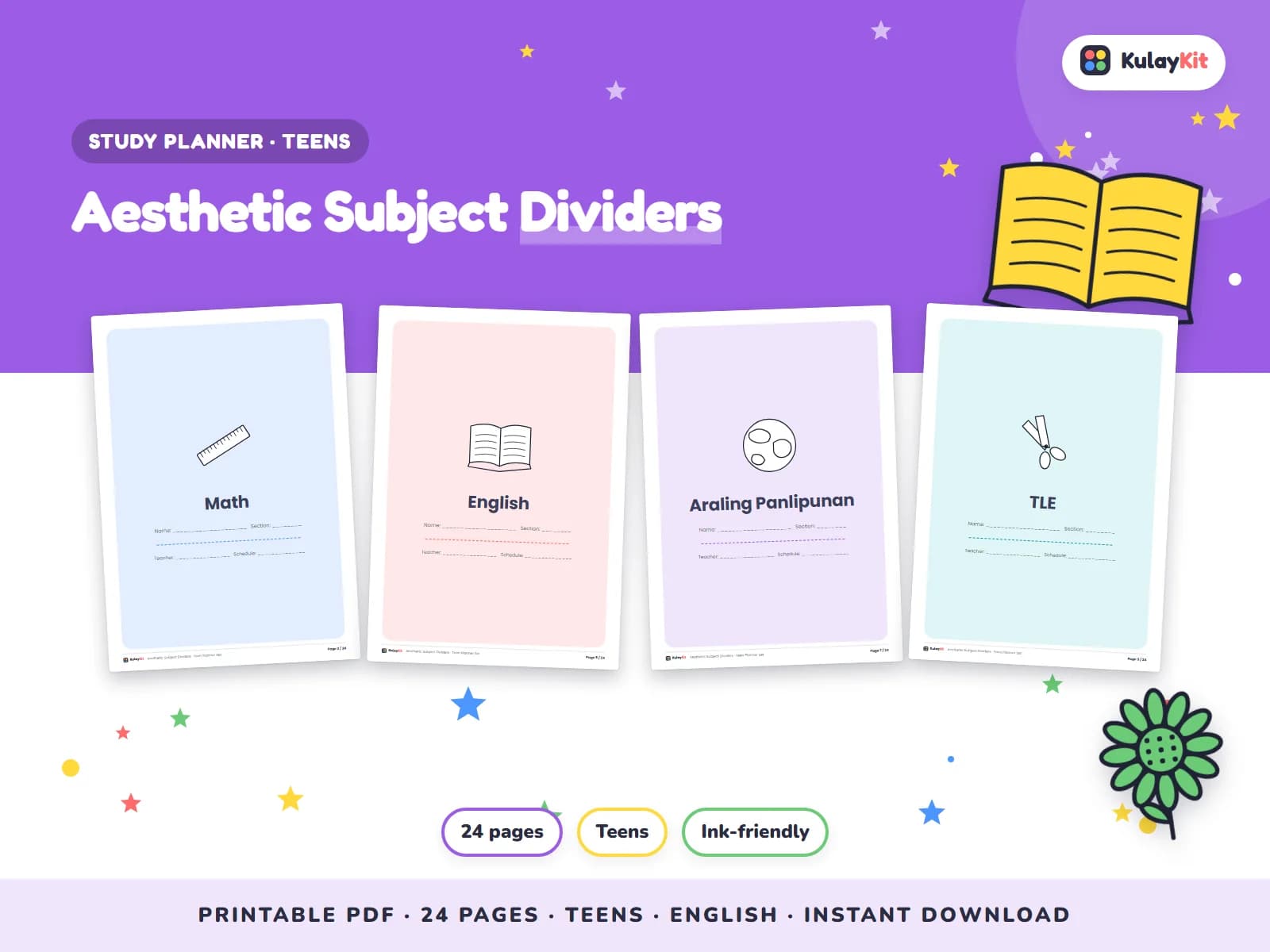 Cover of Aesthetic Subject Dividers, a printable pack for teens ages 12 to 17, showing four of its pages