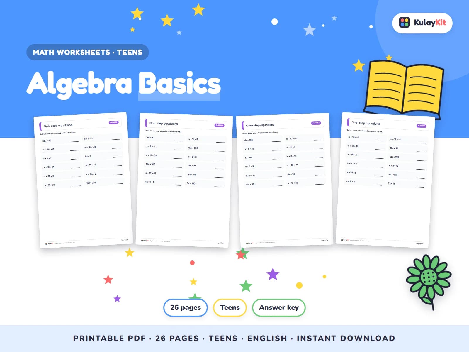Cover of Algebra Basics, a printable pack for teens ages 12 to 17, showing four of its pages