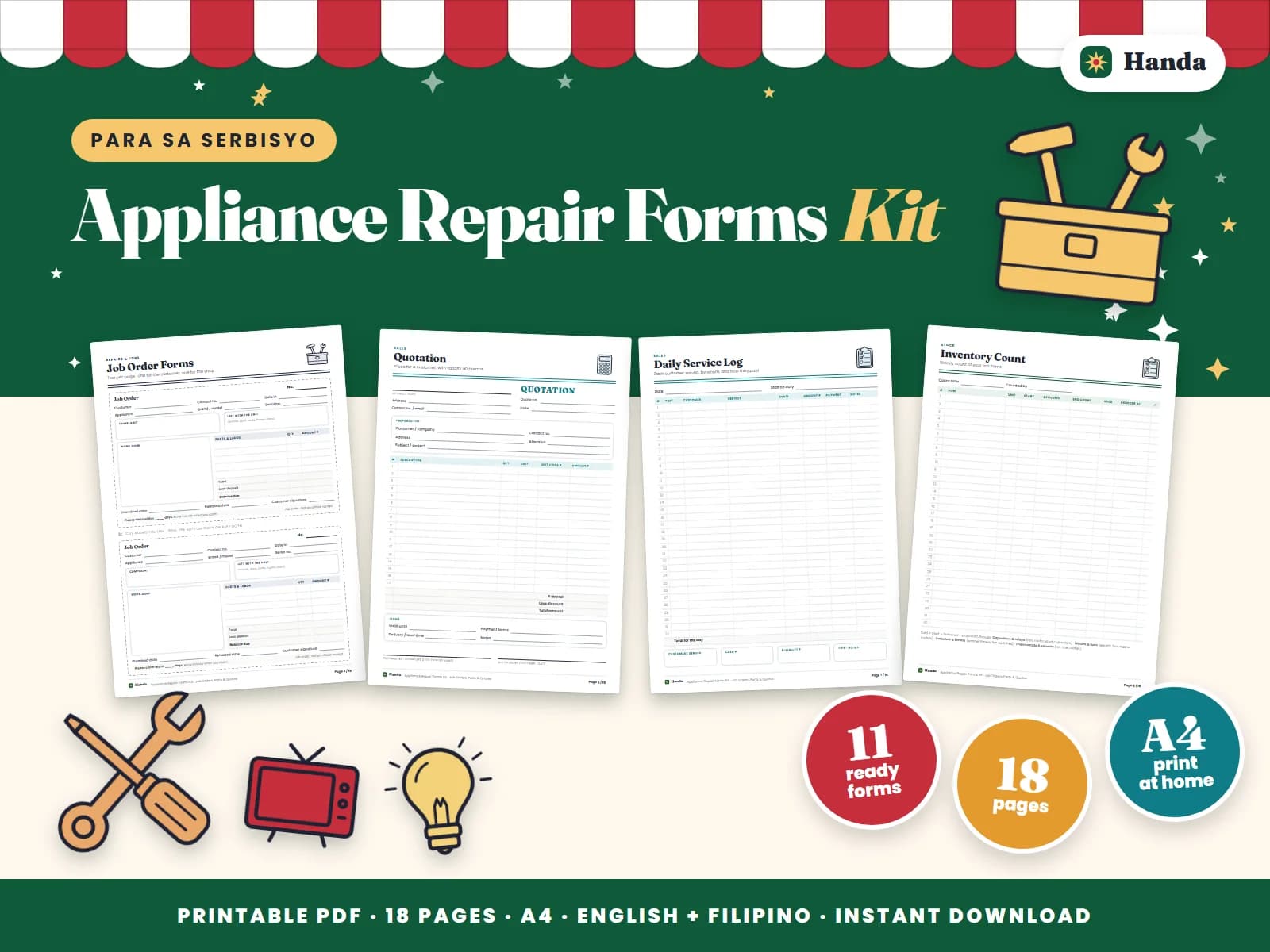 Cover of Appliance Repair Forms Kit, a printable service business forms kit showing four of its pages