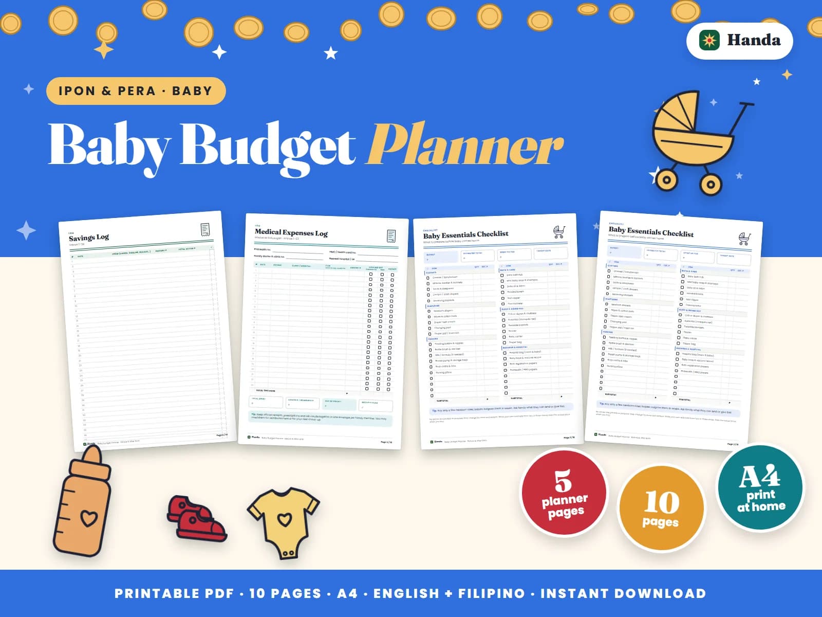 Cover of Baby Budget Planner, a printable budget planner showing four of its pages