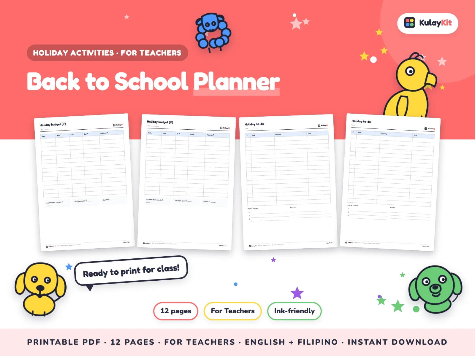 Cover of Back to School Planner, a printable pack for teachers and parents, showing four of its pages