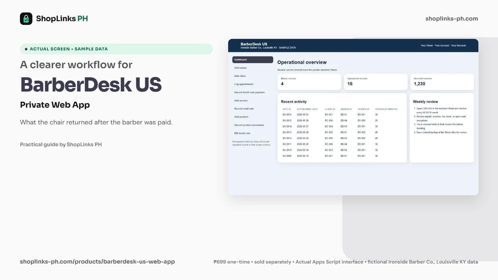 BarberDesk US Private Google Sheets Web App dashboard using fictional sample data