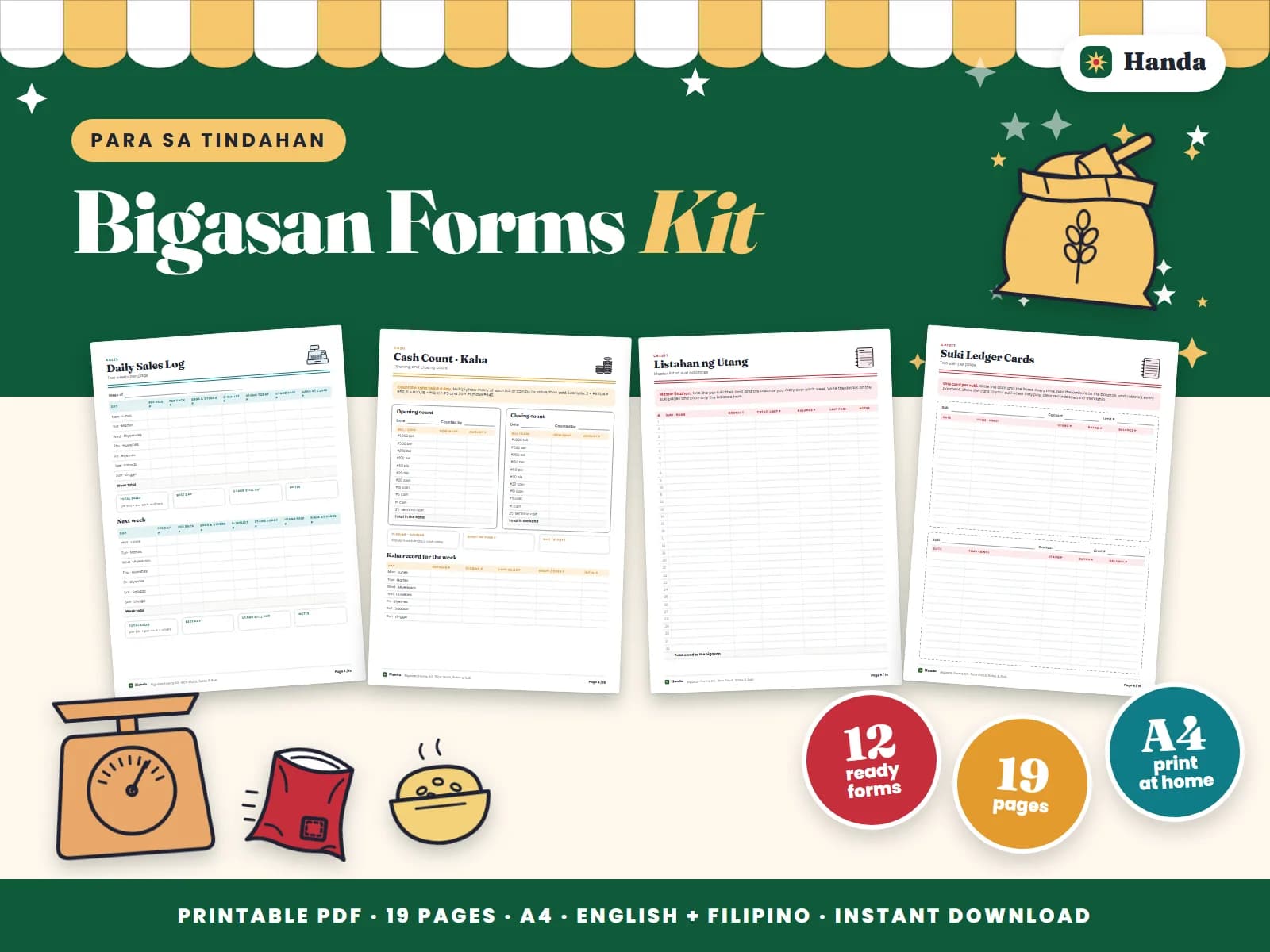 Cover of Bigasan Forms Kit, a printable store forms kit showing four of its pages