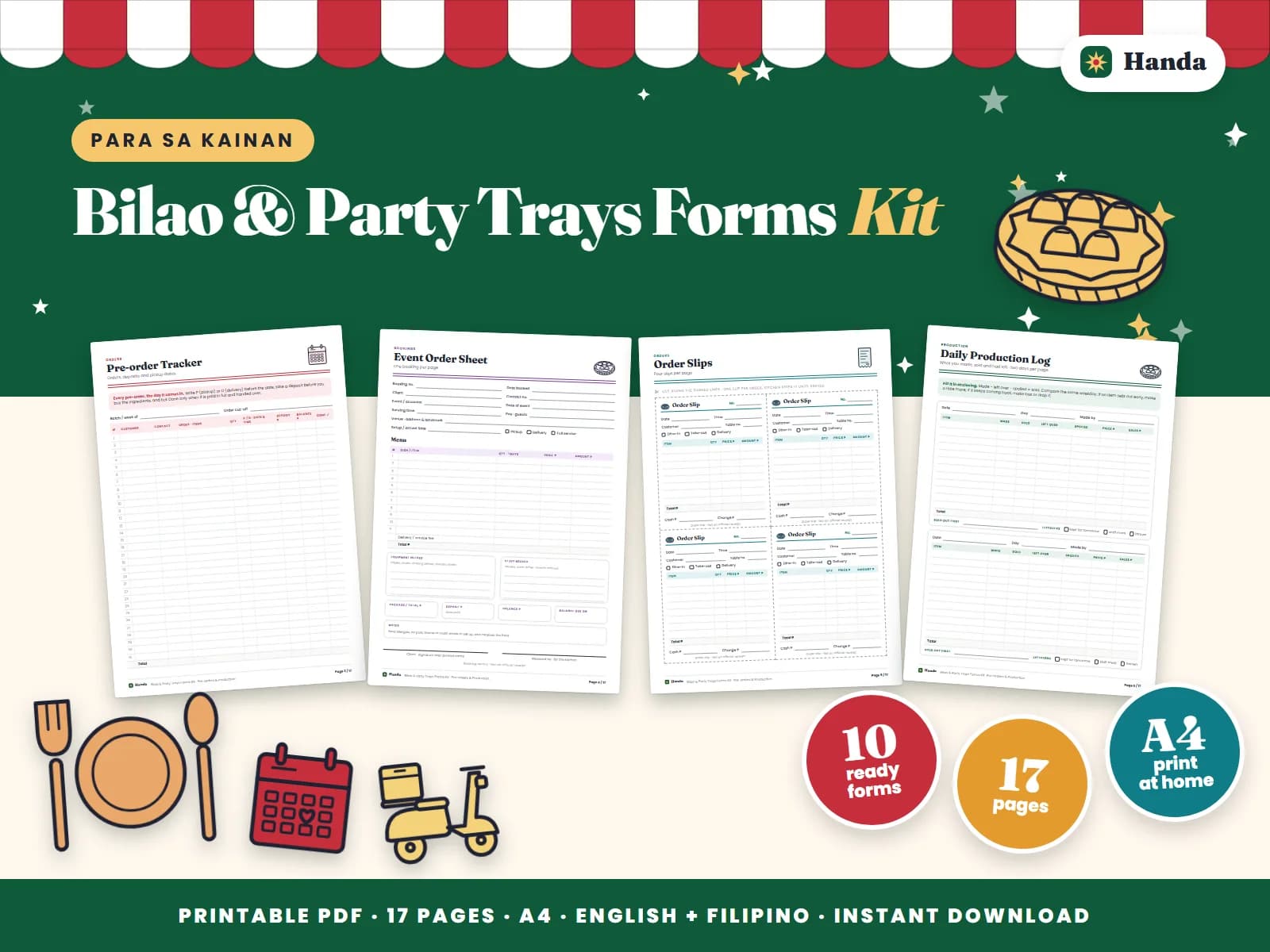 Cover of Bilao & Party Trays Forms Kit, a printable food business forms kit showing four of its pages