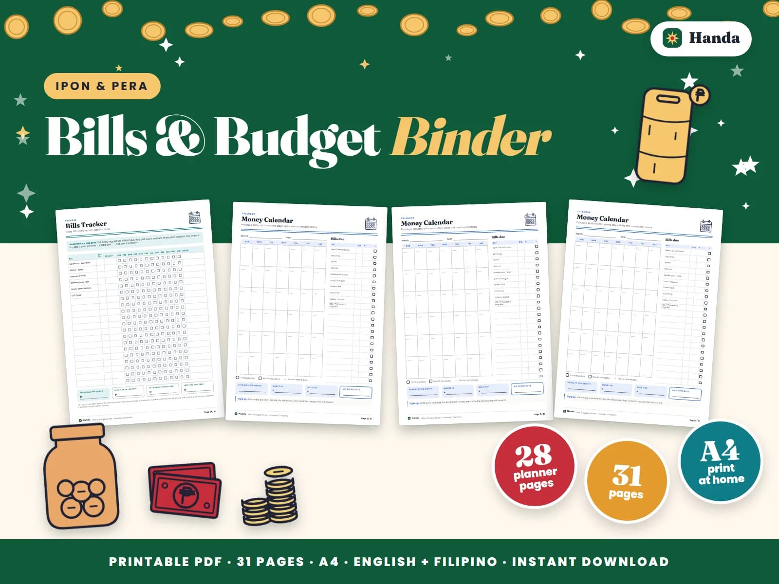 Cover of Bills & Budget Binder, a printable budget planner showing four of its pages