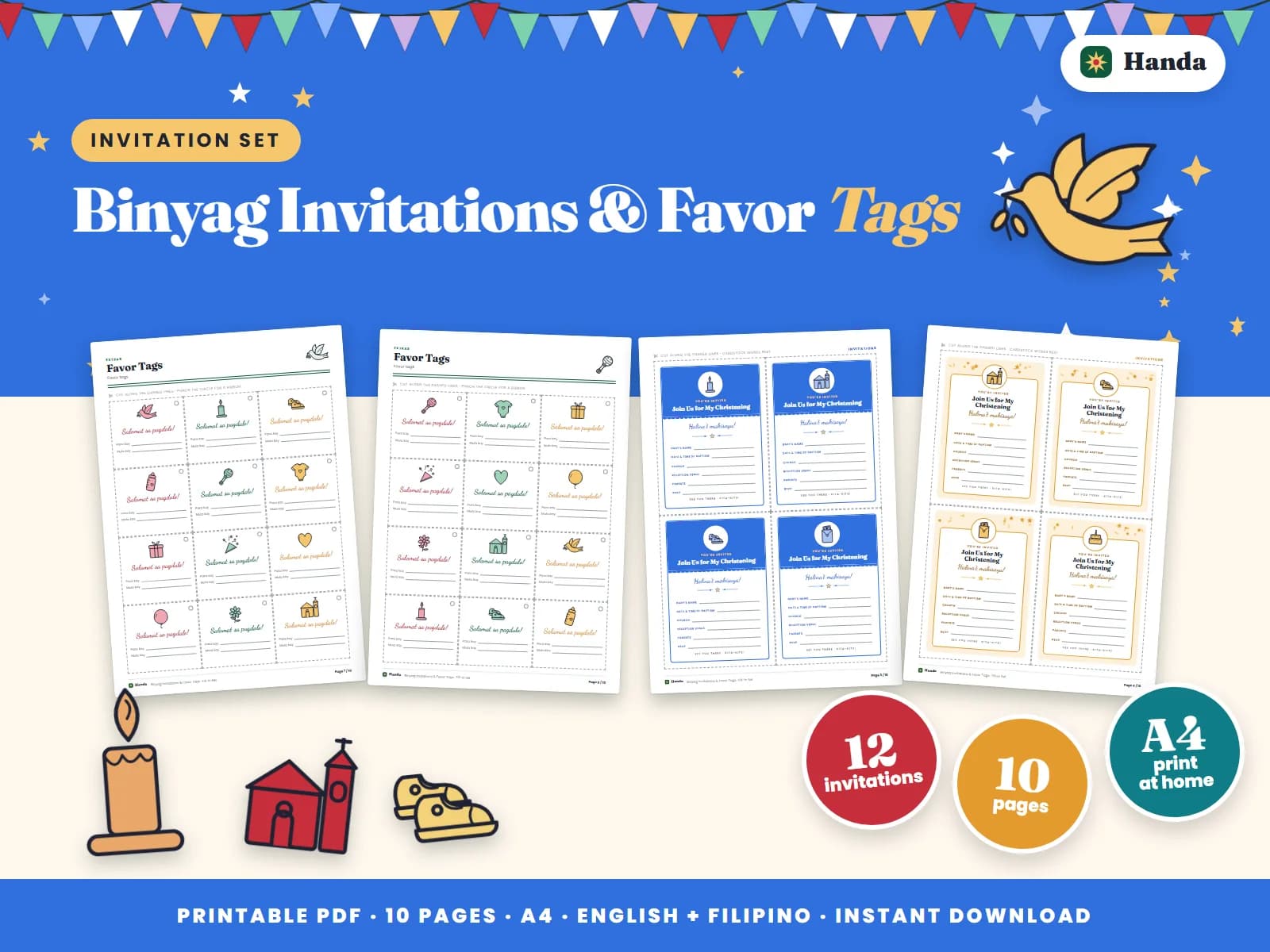 Cover of Binyag Invitations & Favor Tags, a printable invitation set showing four of its pages