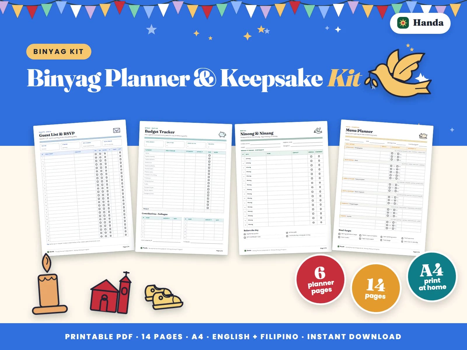 Cover of Binyag Planner & Keepsake Kit, a printable binyag planner kit showing four of its pages