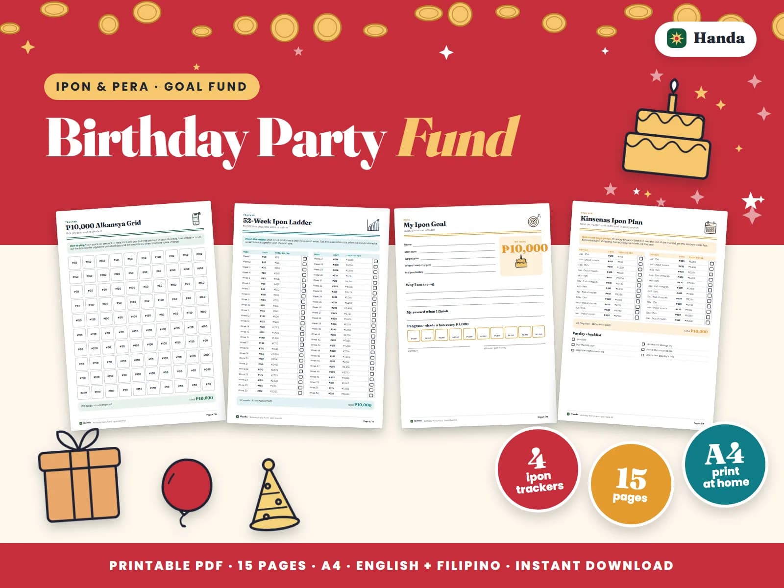 Cover of Birthday Party Fund, a printable ipon challenge kit showing four of its pages
