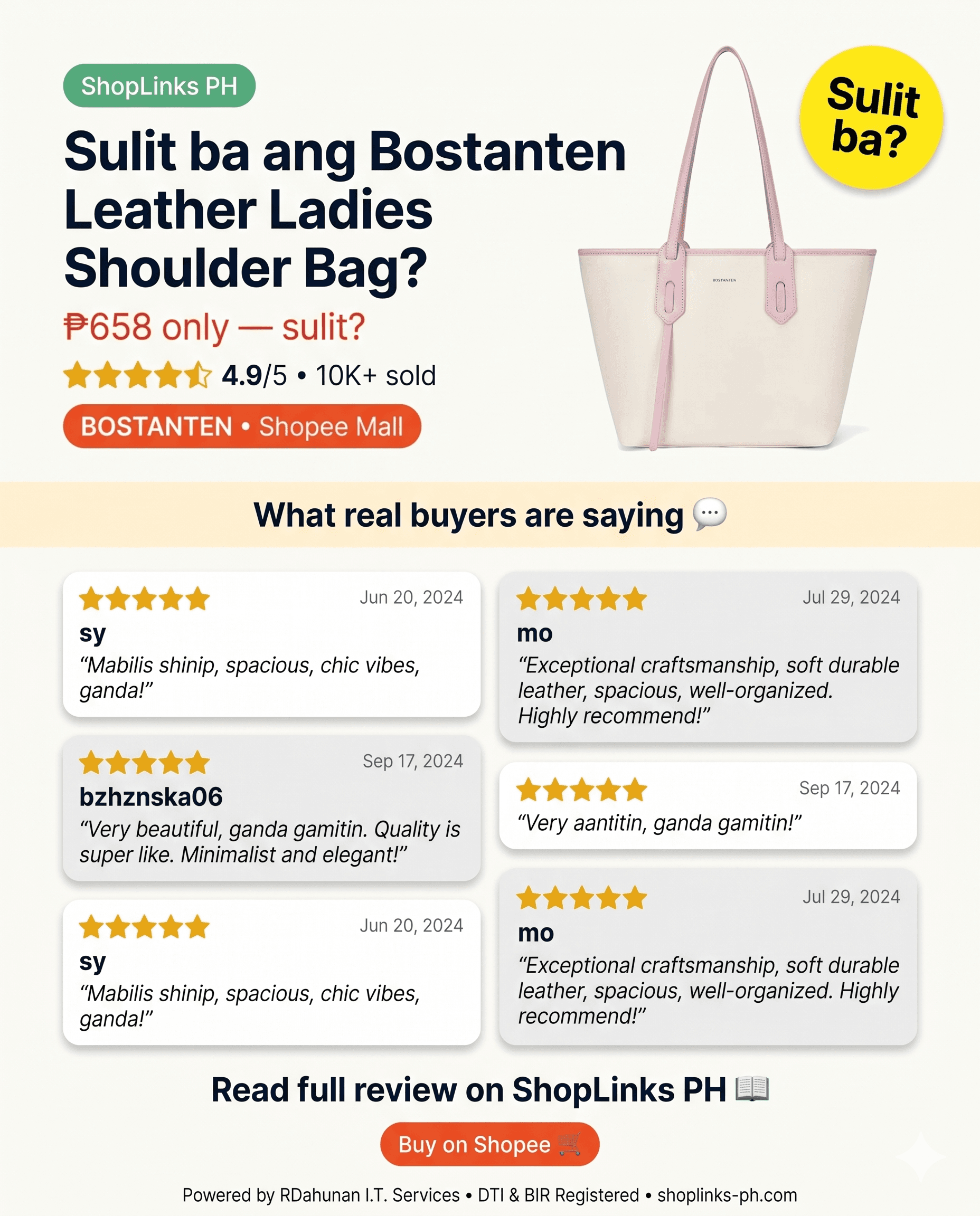 Sulit ba ang Bostanten Leather Ladies Shoulder Bag? cover