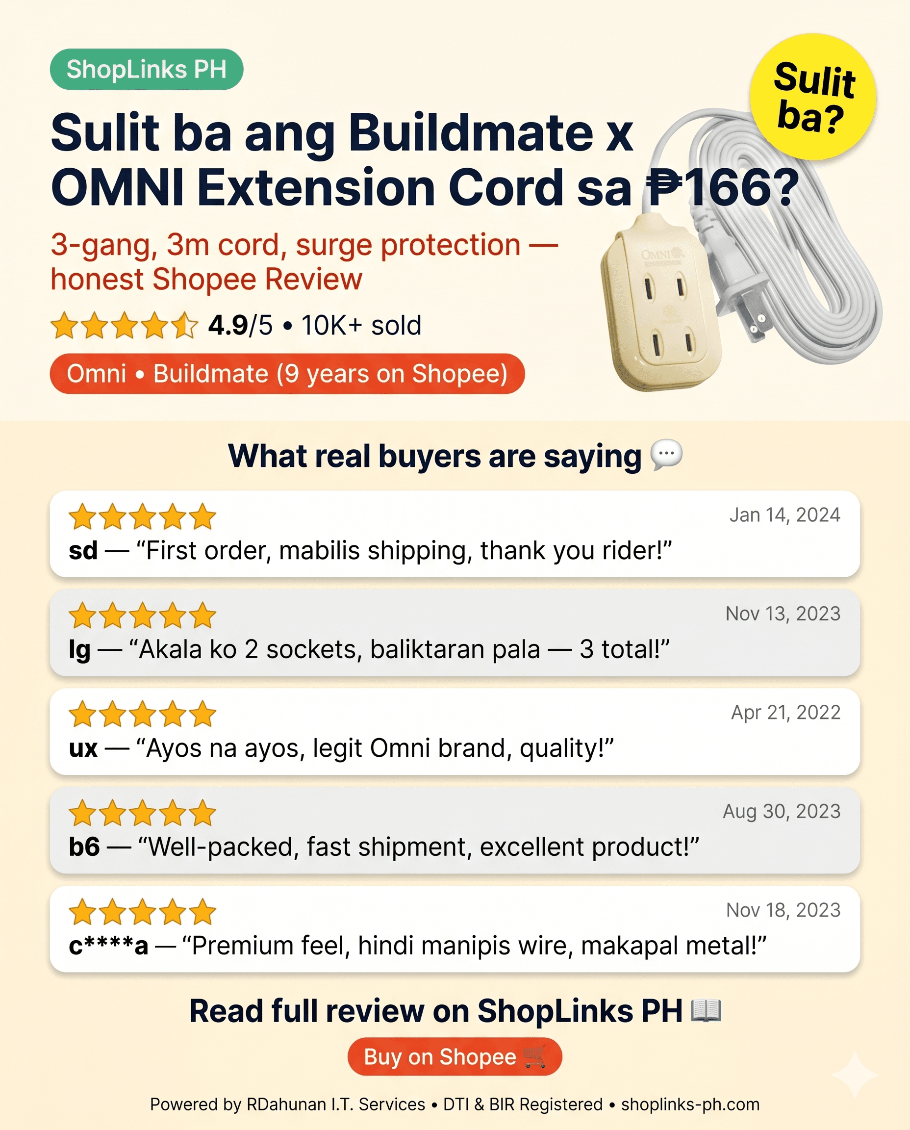 Sulit ba ang Buildmate x OMNI Extension Cord sa ₱166? cover