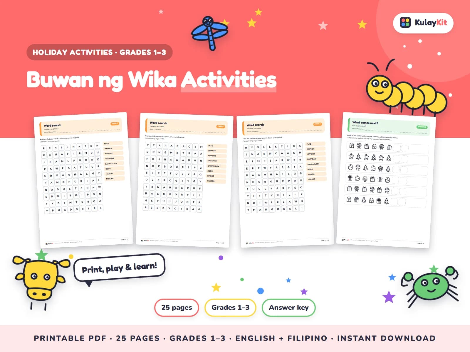 Cover of Buwan ng Wika Activities, a printable pack for kids in Grades 1 to 3, showing four of its pages