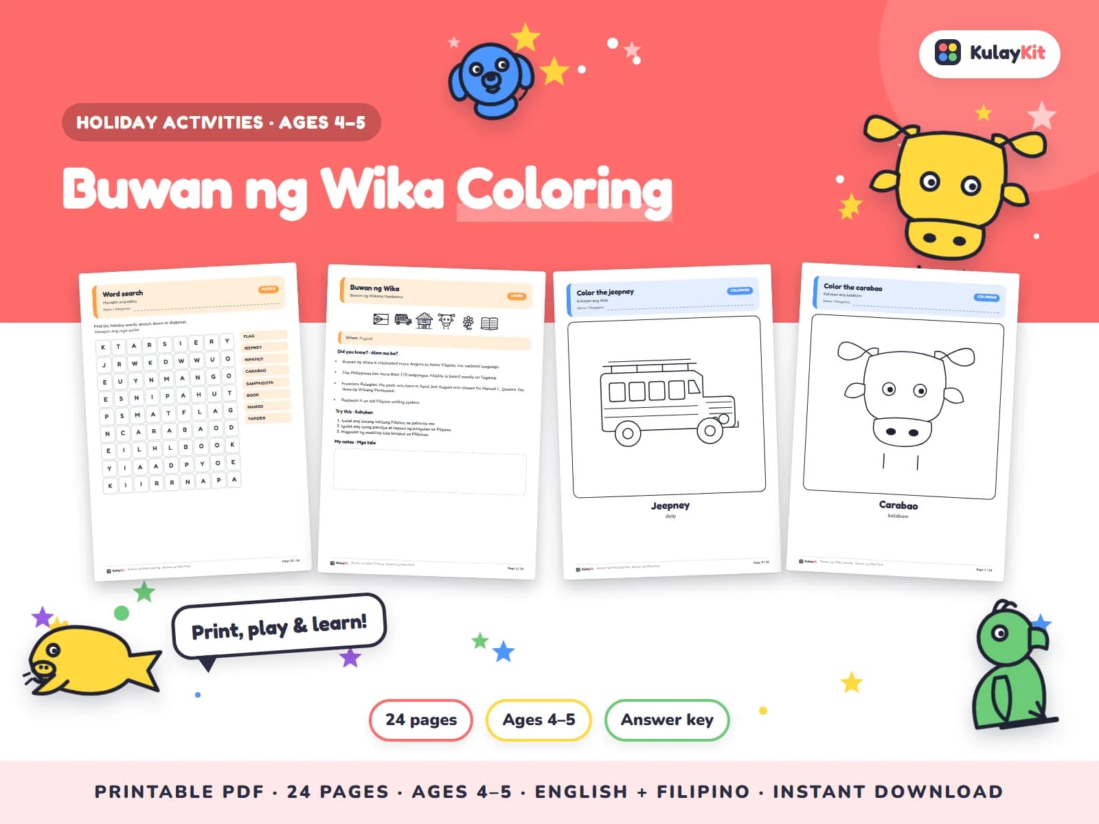 Cover of Buwan ng Wika Coloring, a printable pack for preschoolers ages 4 to 5, showing four of its pages