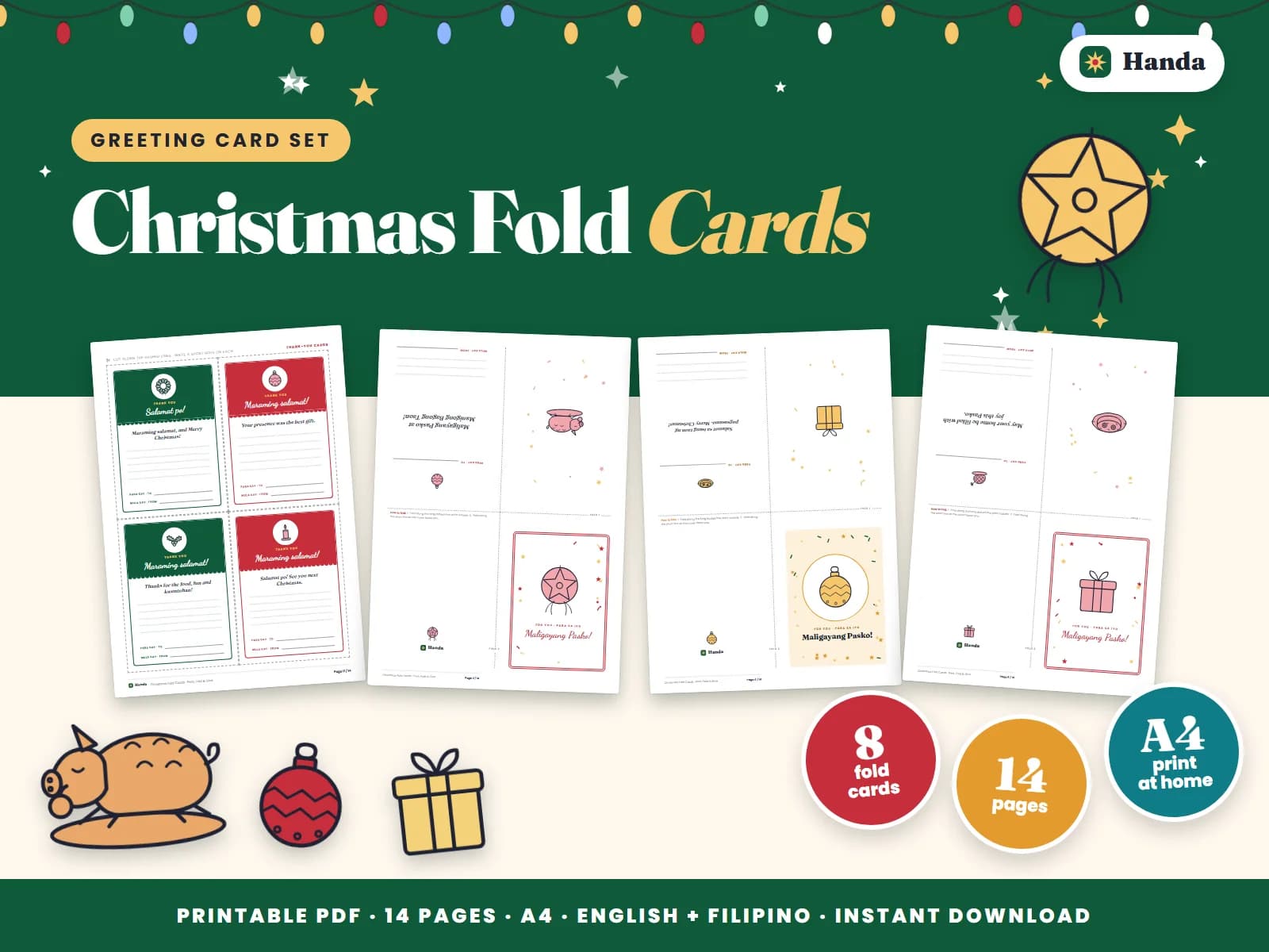 Cover of Christmas Fold Cards, a printable greeting card set showing four of its pages