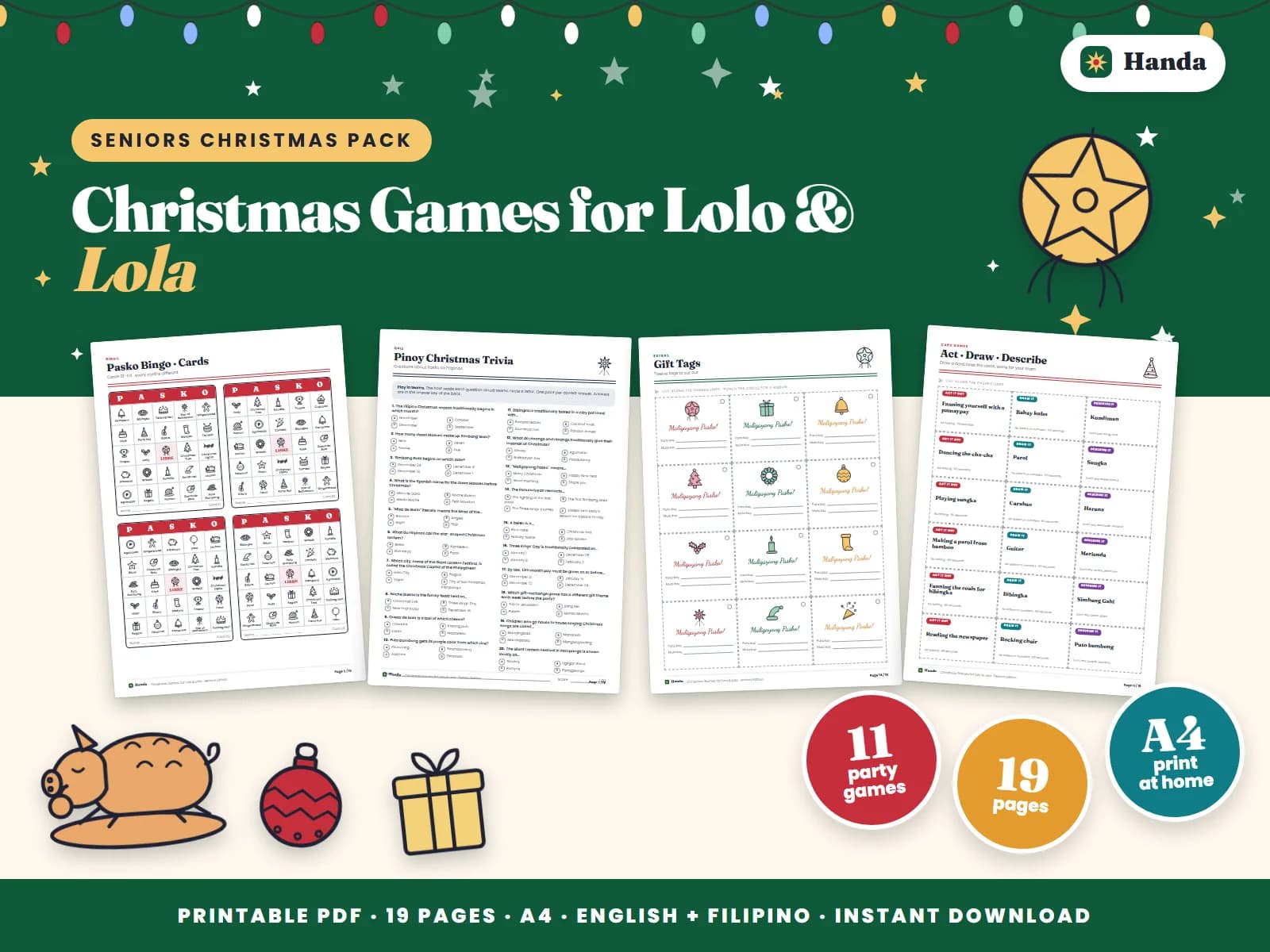 Cover of Christmas Games for Lolo & Lola, a printable party games pack showing four of its pages
