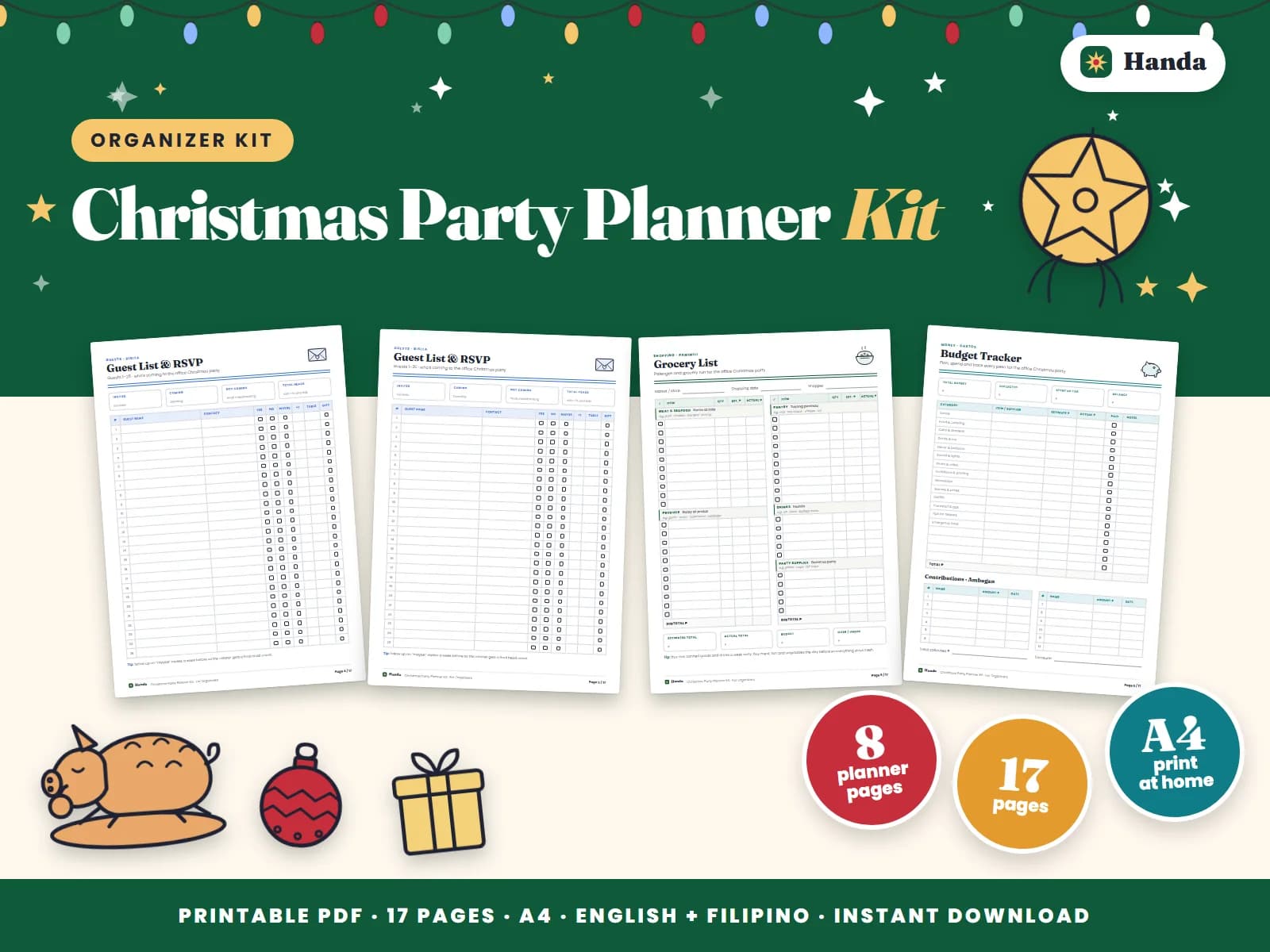 Cover of Christmas Party Planner Kit, a printable party planner kit showing four of its pages