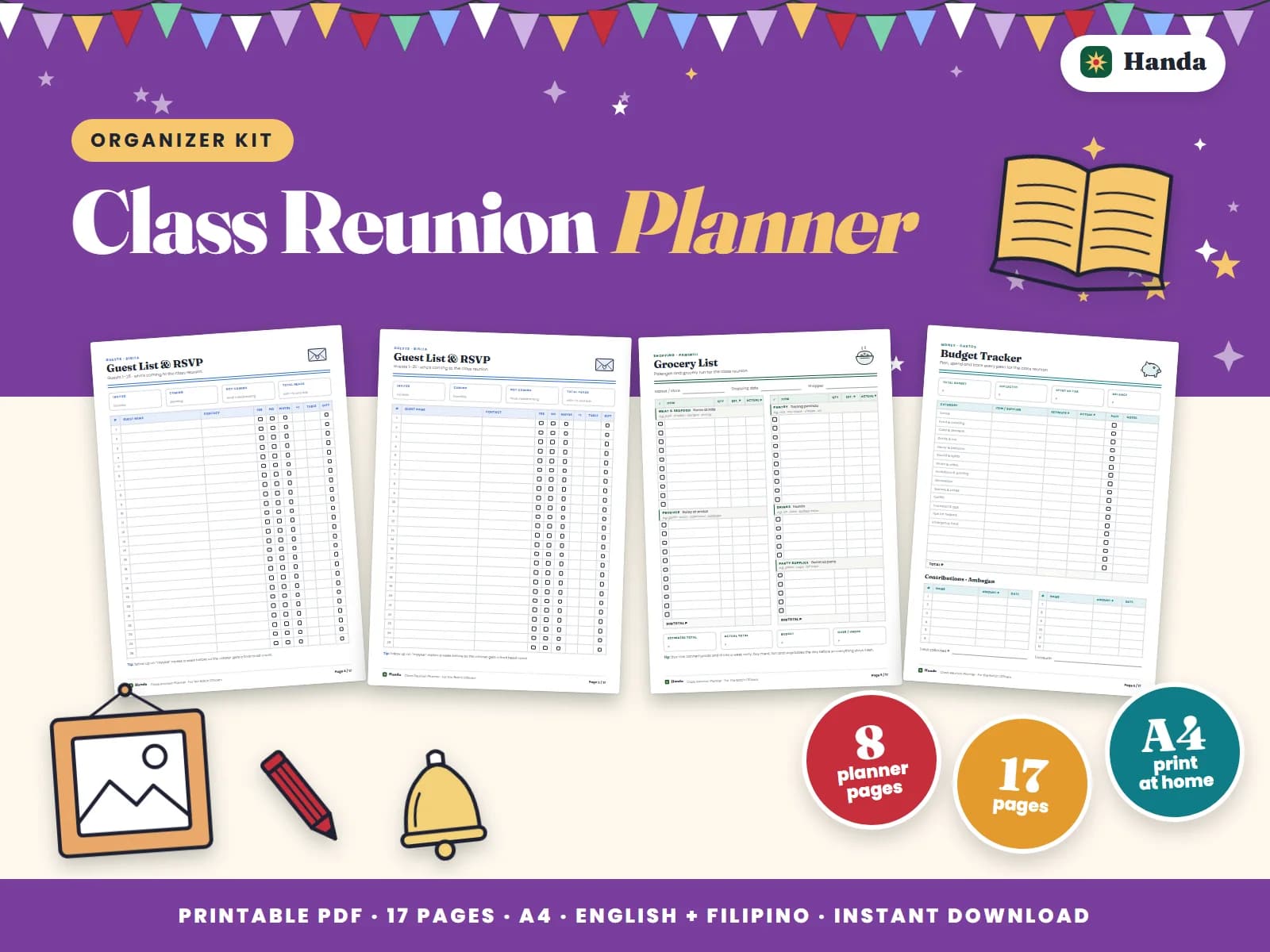 Cover of Class Reunion Planner, a printable party planner kit showing four of its pages