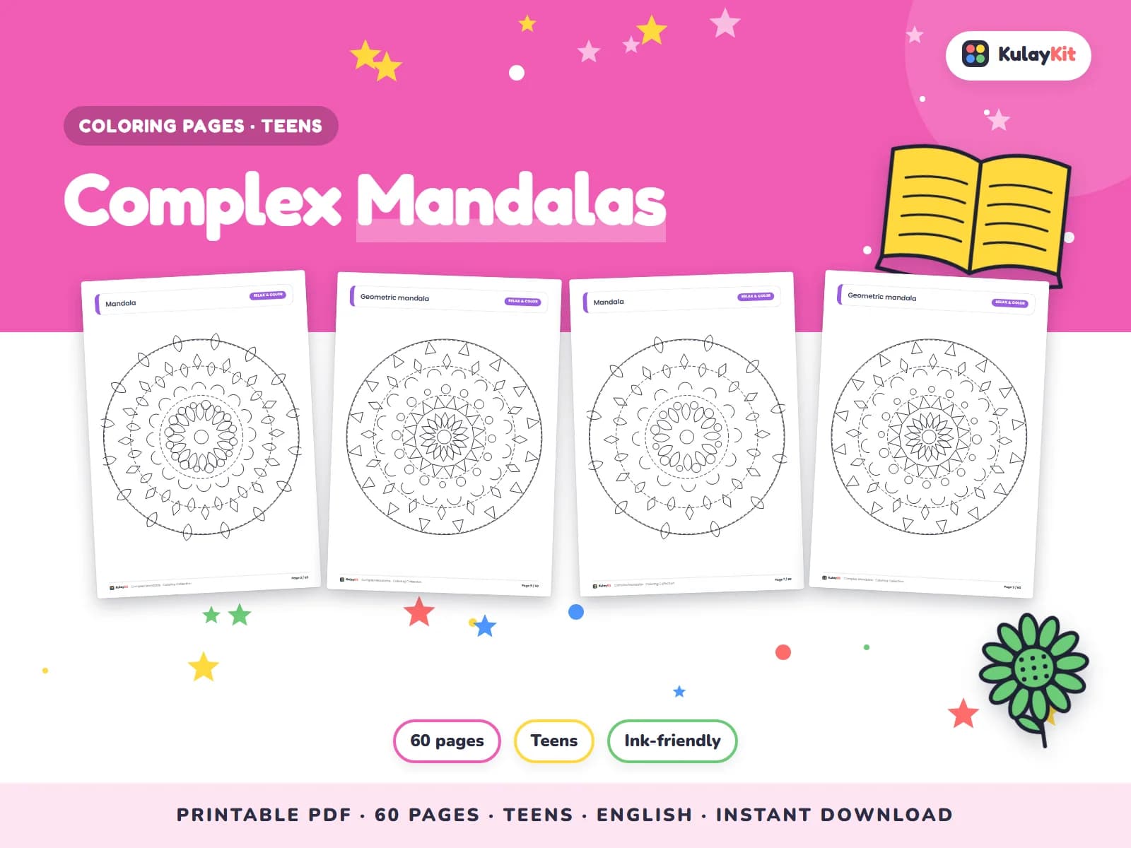 Cover of Complex Mandalas, a printable pack for teens ages 12 to 17, showing four of its pages