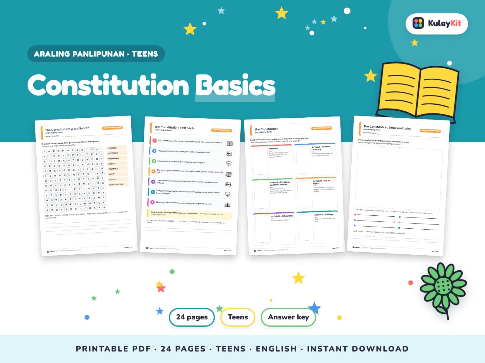 Cover of Constitution Basics, a printable pack for teens ages 12 to 17, showing four of its pages