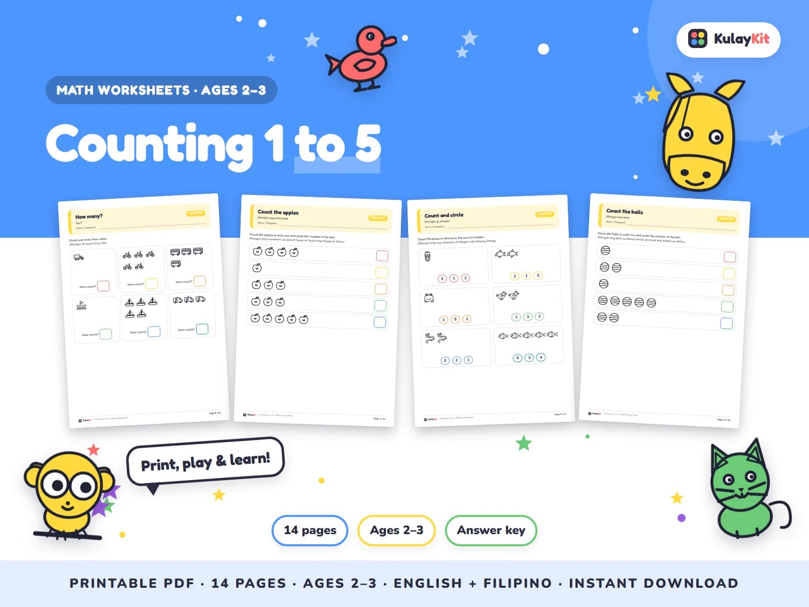 Cover of Counting 1 to 5, a printable pack for toddlers ages 2 to 3, showing four of its pages
