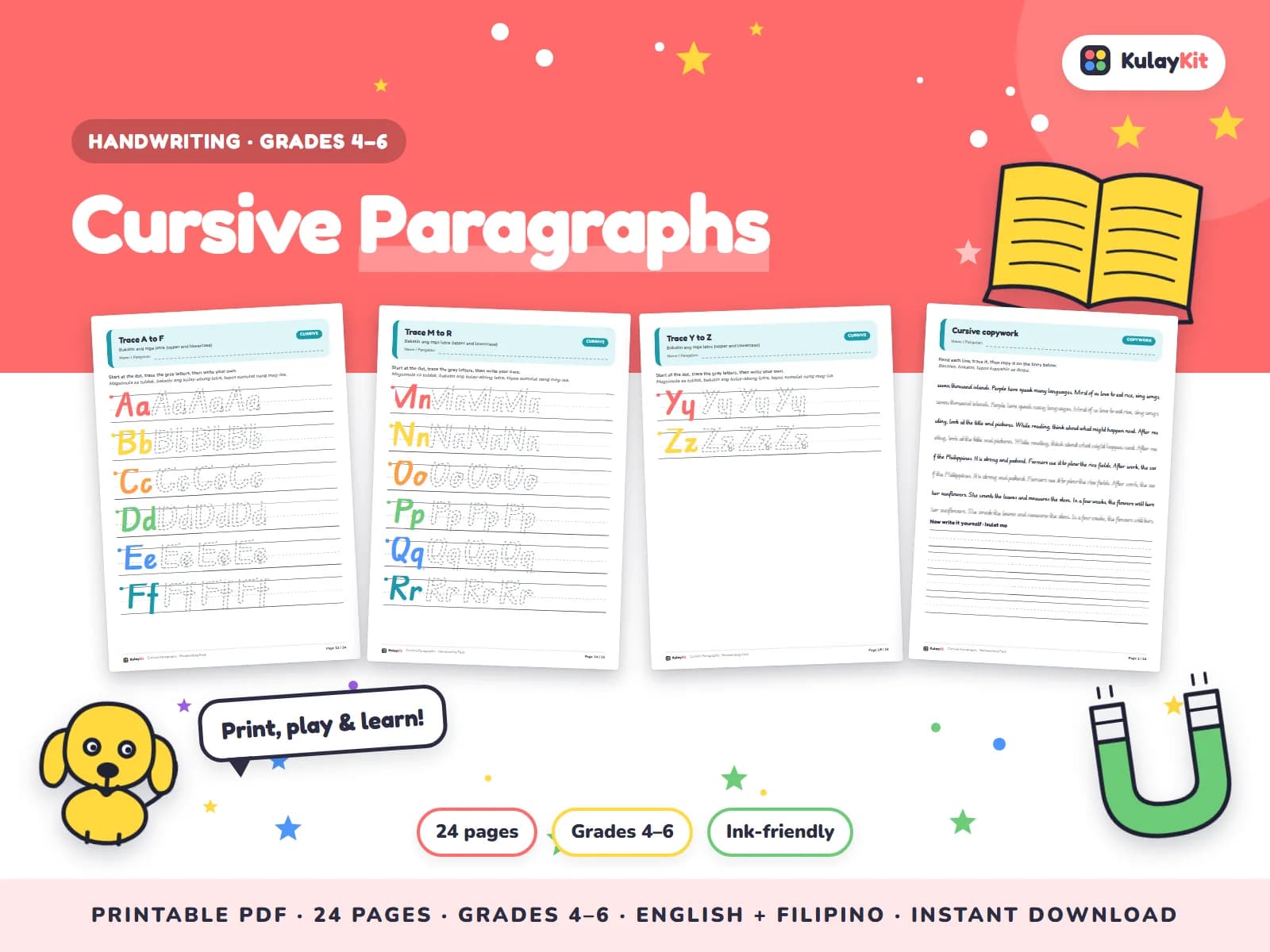 Cover of Cursive Paragraphs, a printable pack for kids in Grades 4 to 6, showing four of its pages