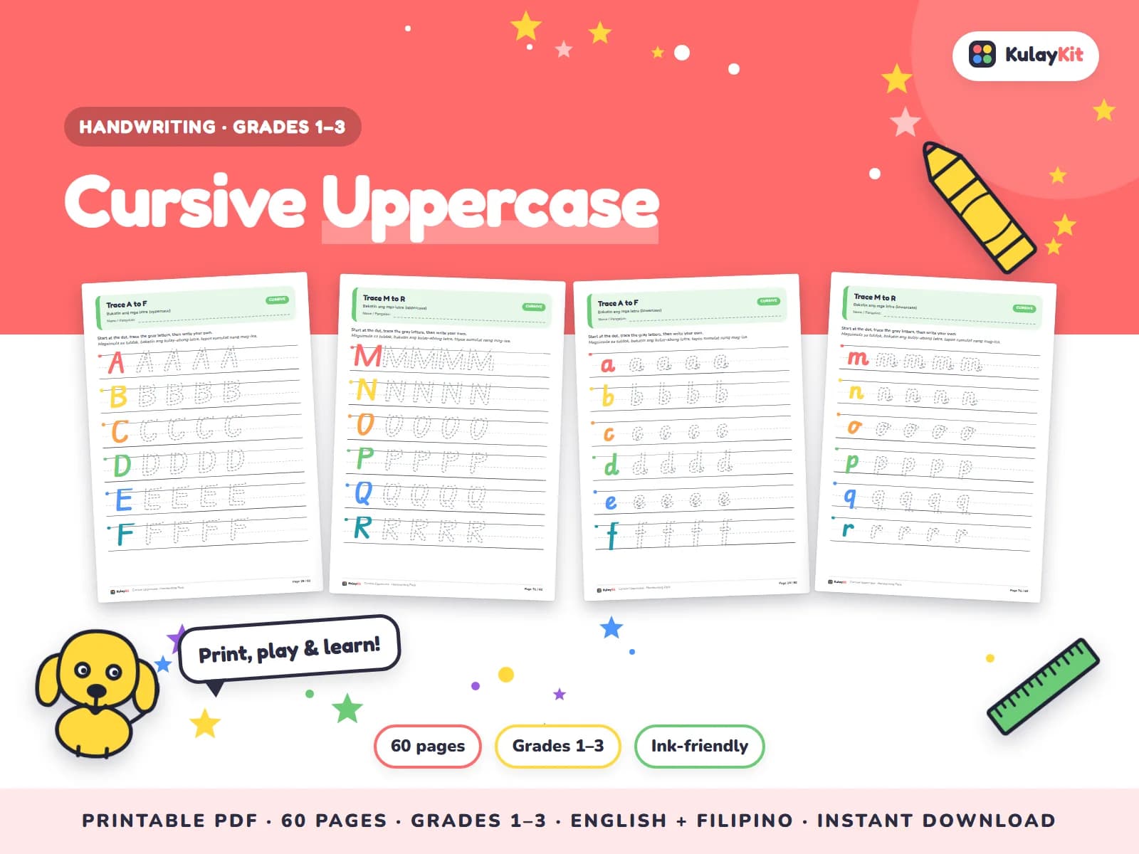 Cover of Cursive Uppercase, a printable pack for kids in Grades 1 to 3, showing four of its pages