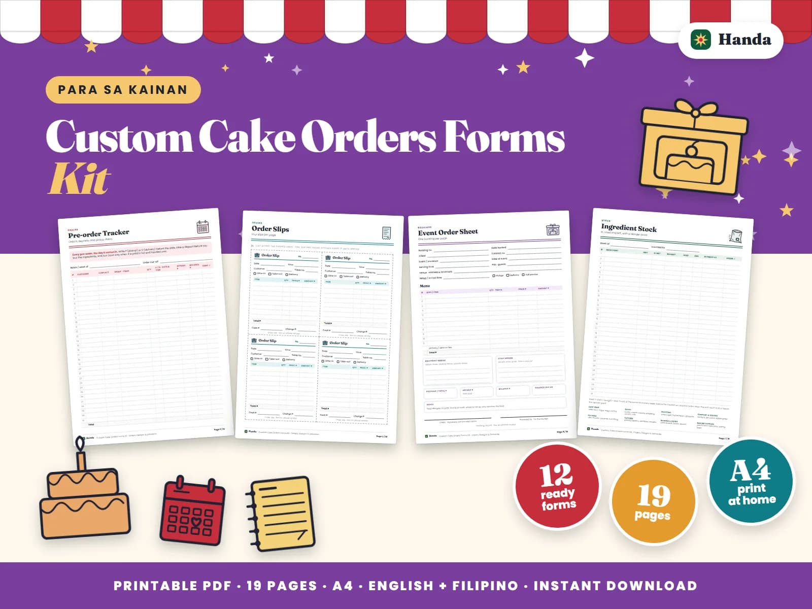 Cover of Custom Cake Orders Forms Kit, a printable food business forms kit showing four of its pages