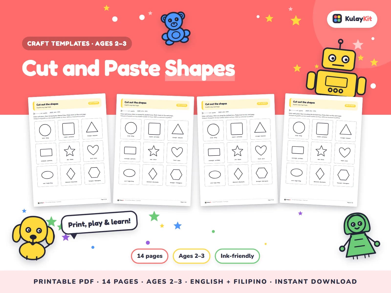 Cover of Cut and Paste Shapes, a printable pack for toddlers ages 2 to 3, showing four of its pages