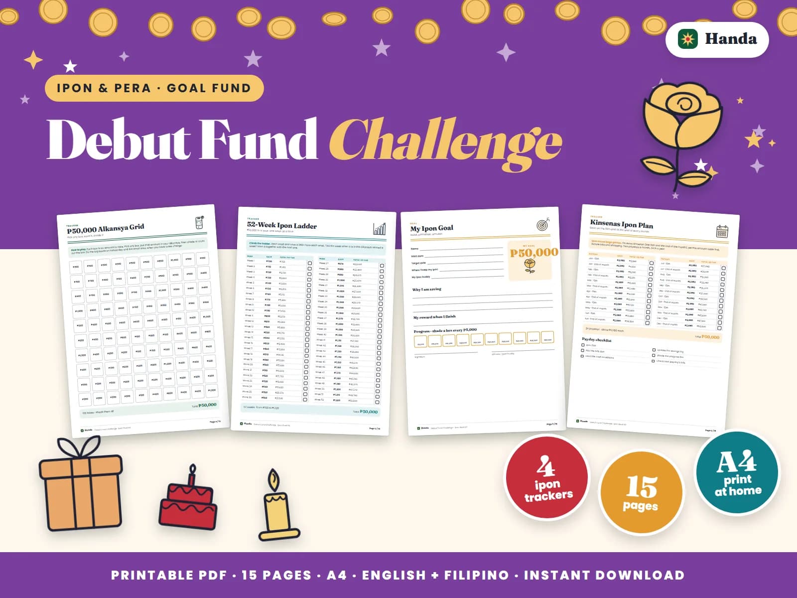 Cover of Debut Fund Challenge, a printable ipon challenge kit showing four of its pages