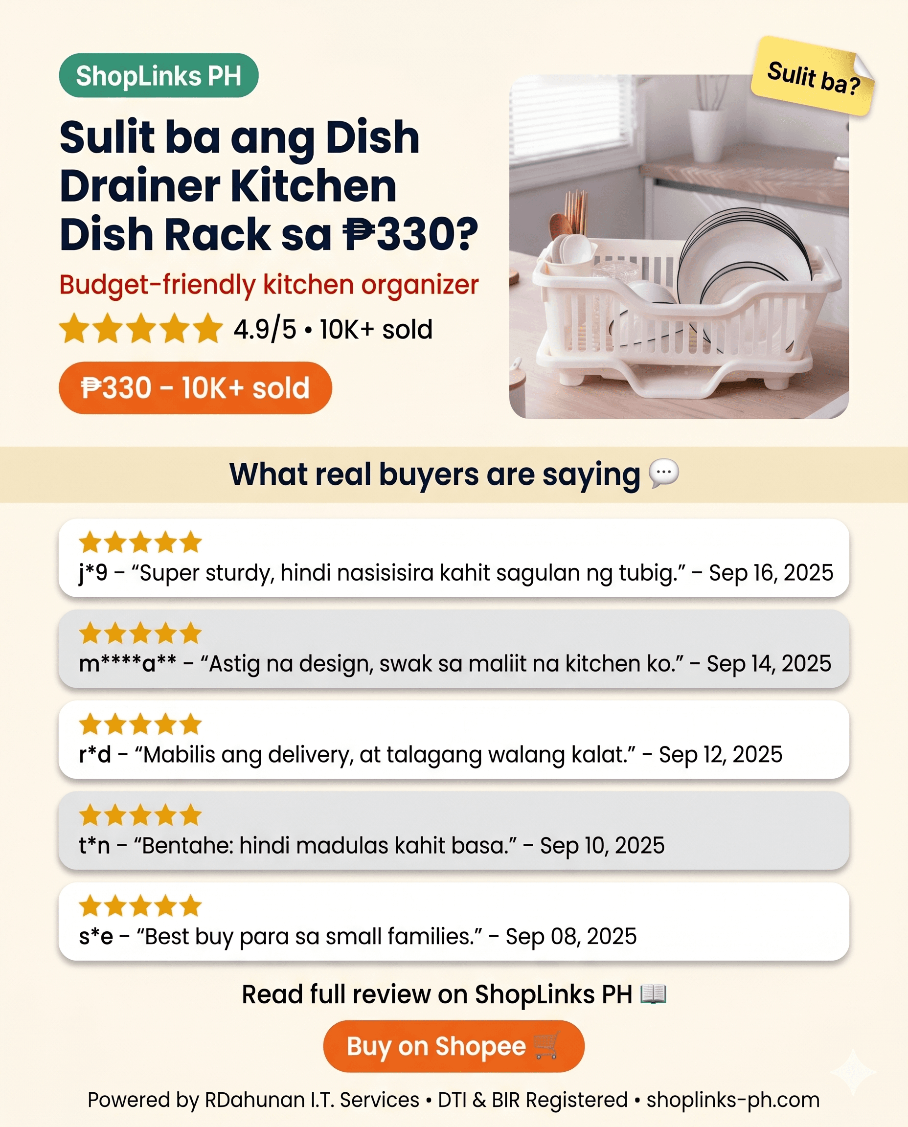 Sulit ba ang Dish Drainer Kitchen Dish Rack sa ₱330? cover