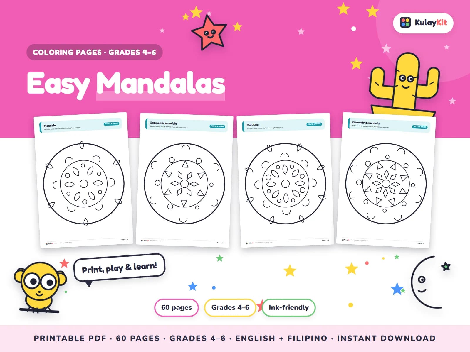Cover of Easy Mandalas, a printable pack for kids in Grades 4 to 6, showing four of its pages
