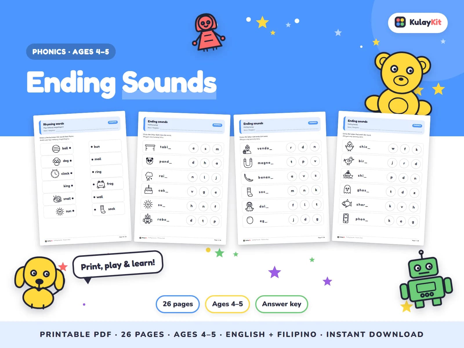 Cover of Ending Sounds, a printable pack for preschoolers ages 4 to 5, showing four of its pages