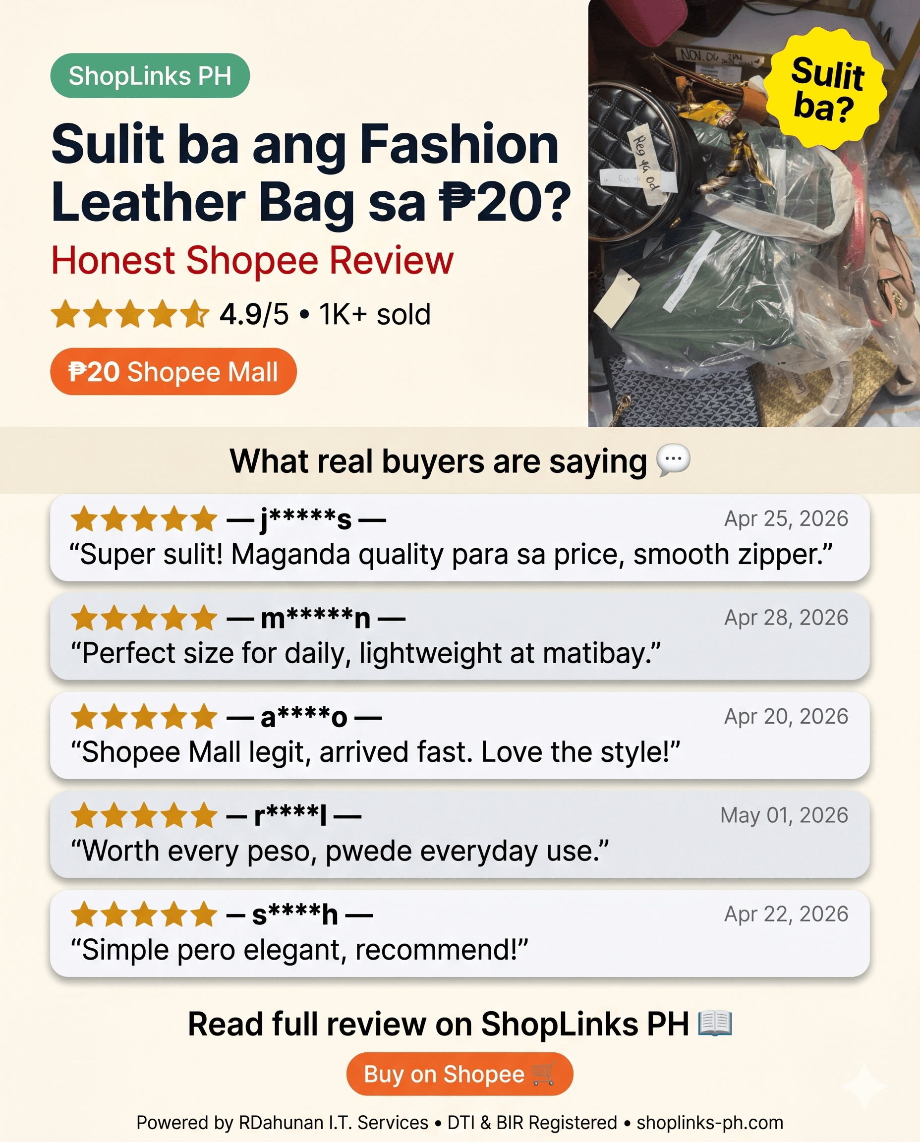 Sulit ba ang Fashion Leather Bag sa ₱20? cover