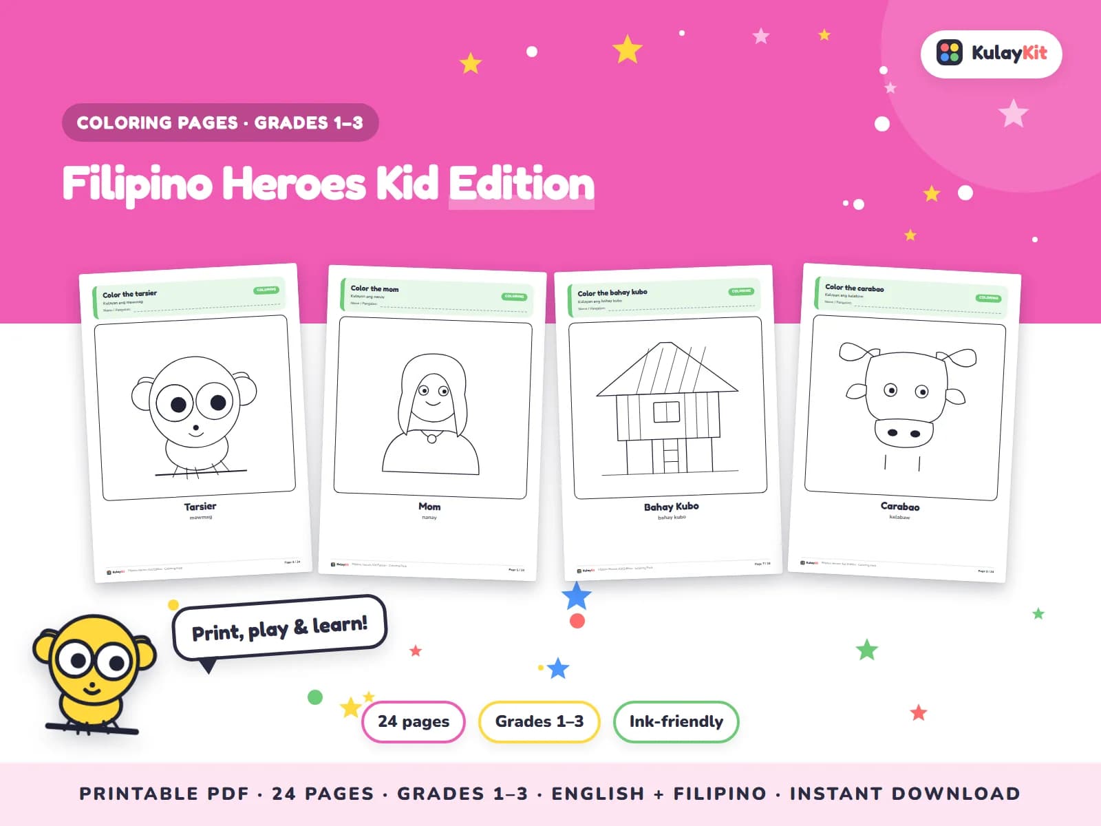 Cover of Filipino Heroes Kid Edition, a printable pack for kids in Grades 1 to 3, showing four of its pages