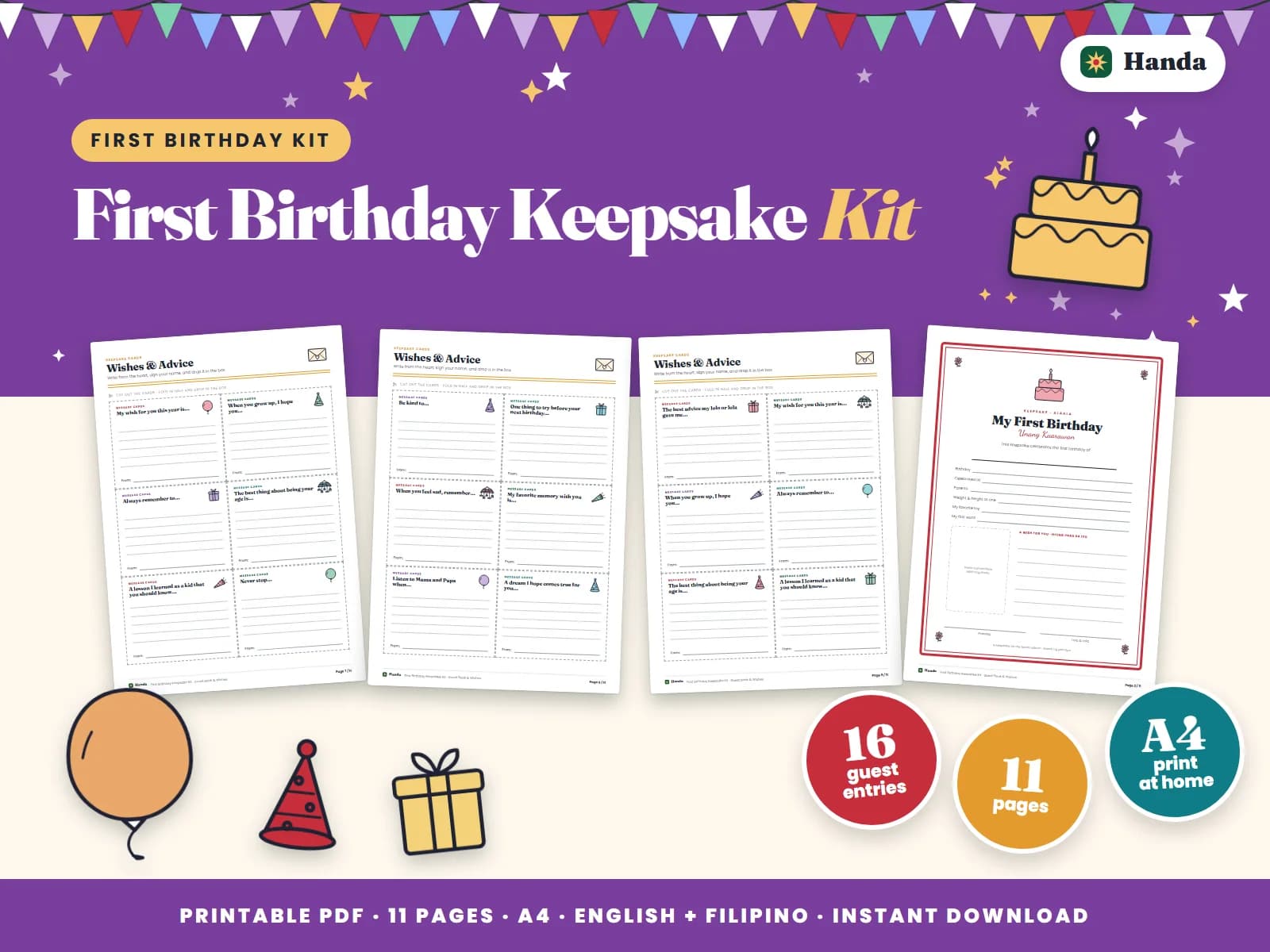 Cover of First Birthday Keepsake Kit, a printable guest book and keepsake set showing four of its pages