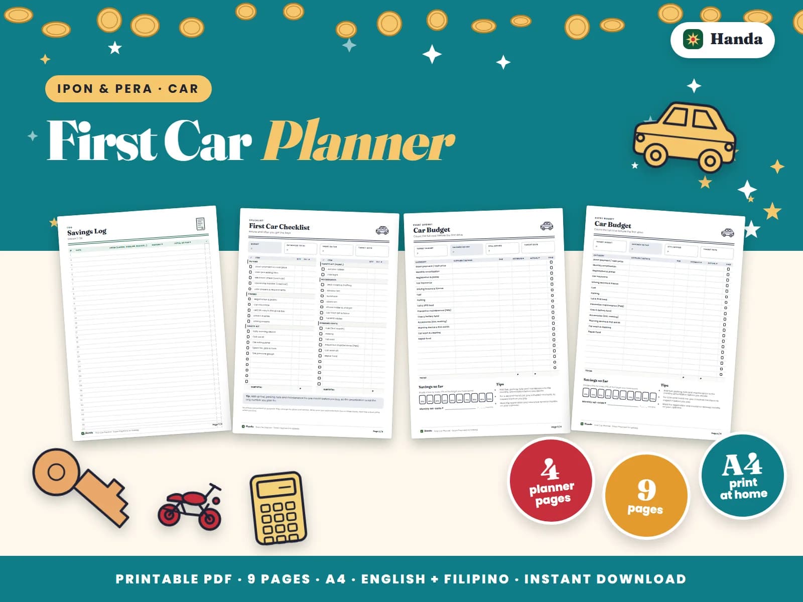 Cover of First Car Planner, a printable budget planner showing four of its pages