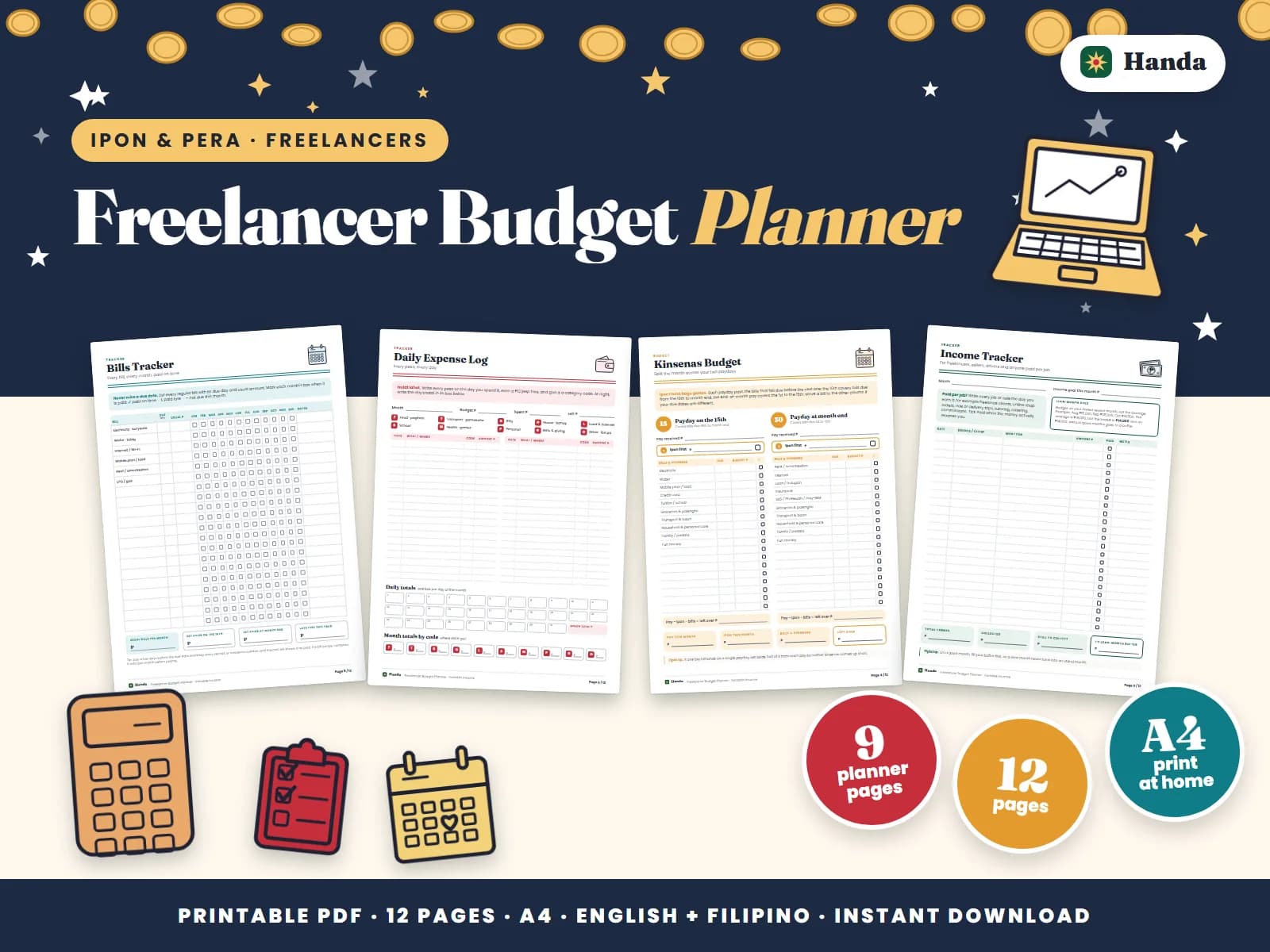 Cover of Freelancer Budget Planner, a printable budget planner showing four of its pages