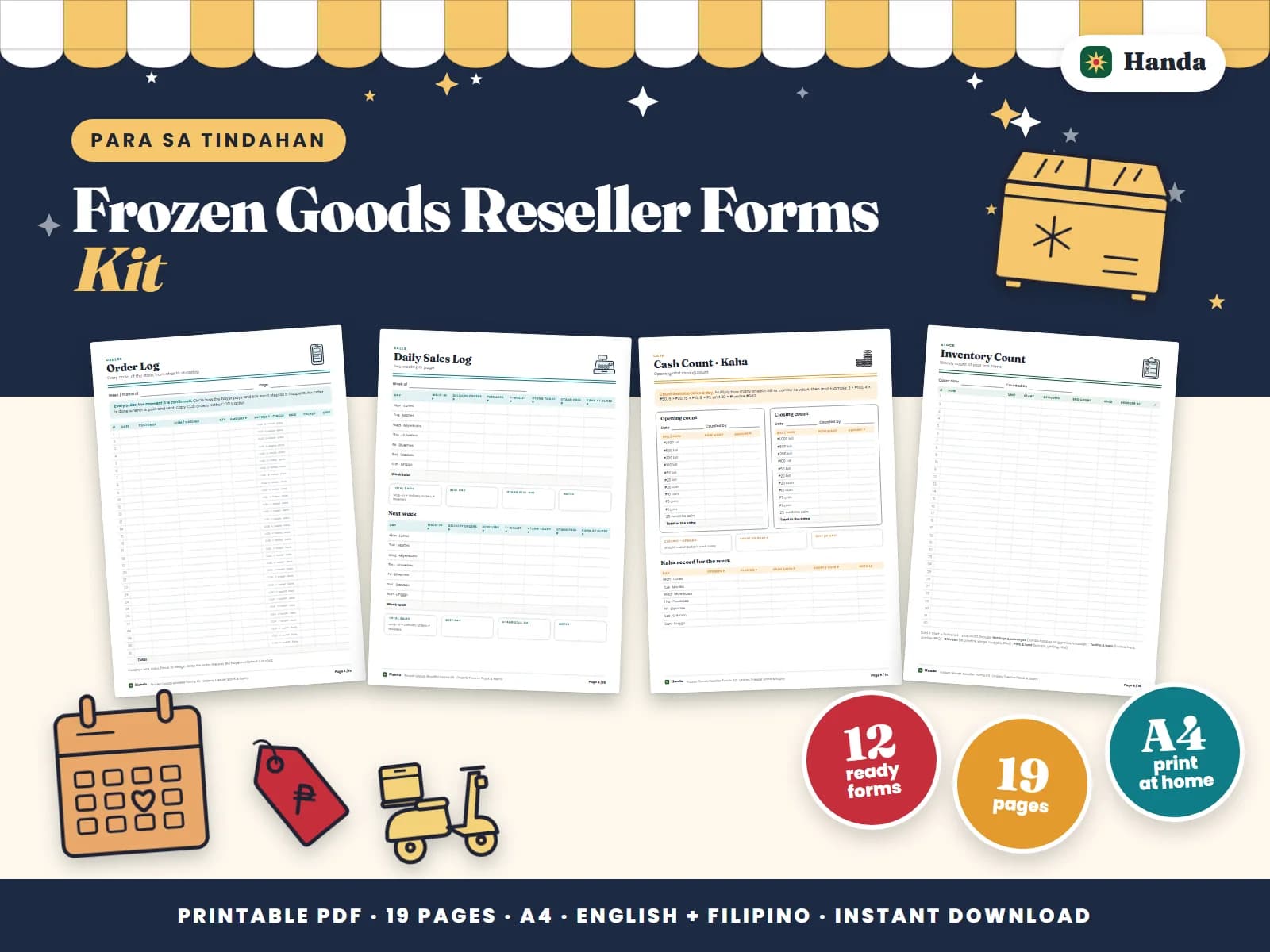 Cover of Frozen Goods Reseller Forms Kit, a printable store forms kit showing four of its pages