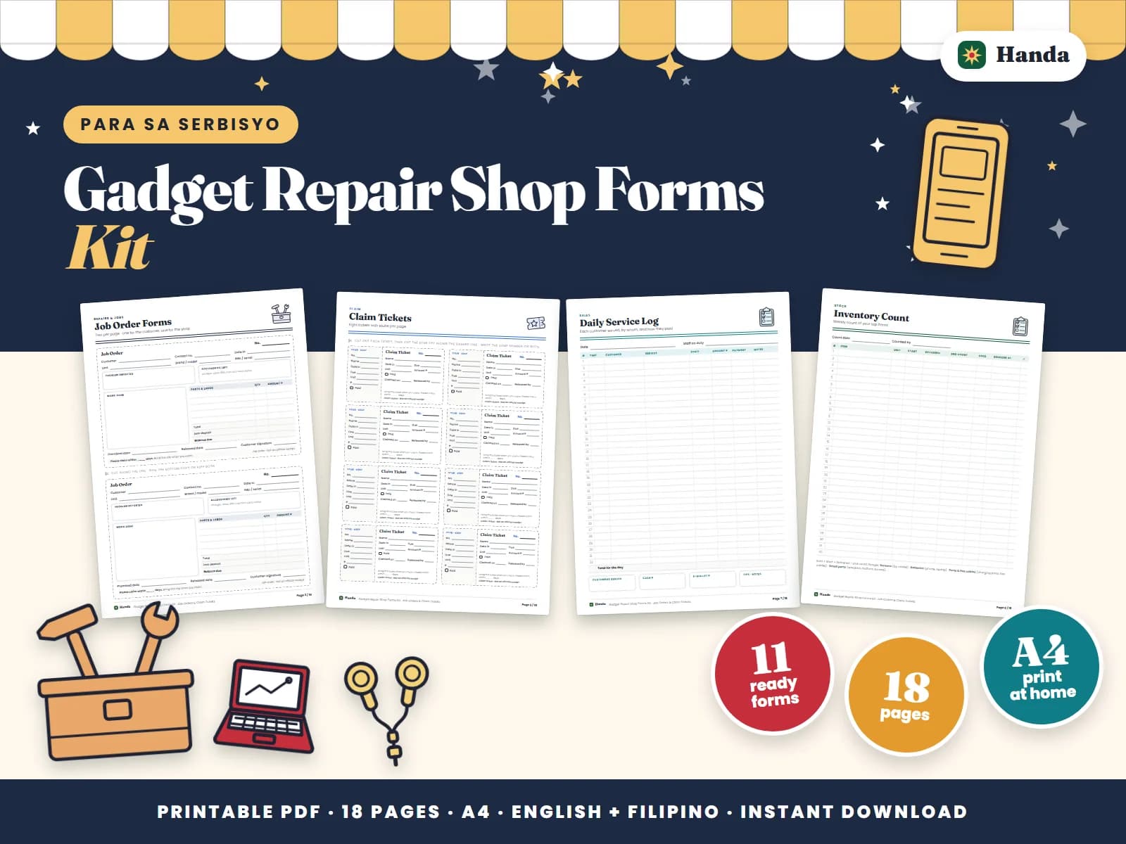 Cover of Gadget Repair Shop Forms Kit, a printable service business forms kit showing four of its pages