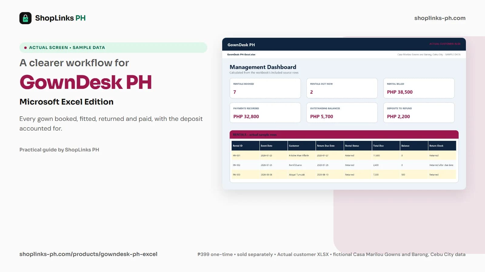GownDesk PH Microsoft Excel Edition dashboard using fictional sample data