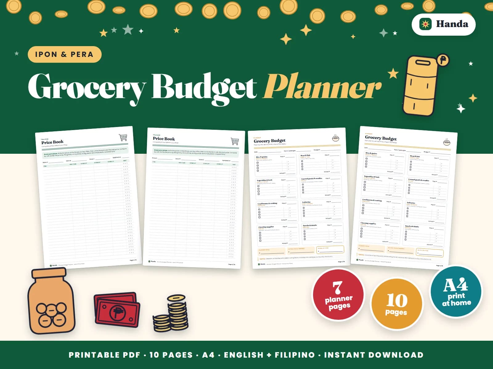 Cover of Grocery Budget Planner, a printable budget planner showing four of its pages