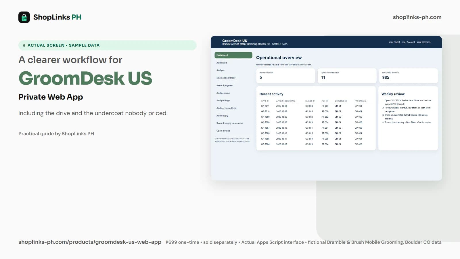 GroomDesk US Private Google Sheets Web App dashboard using fictional sample data
