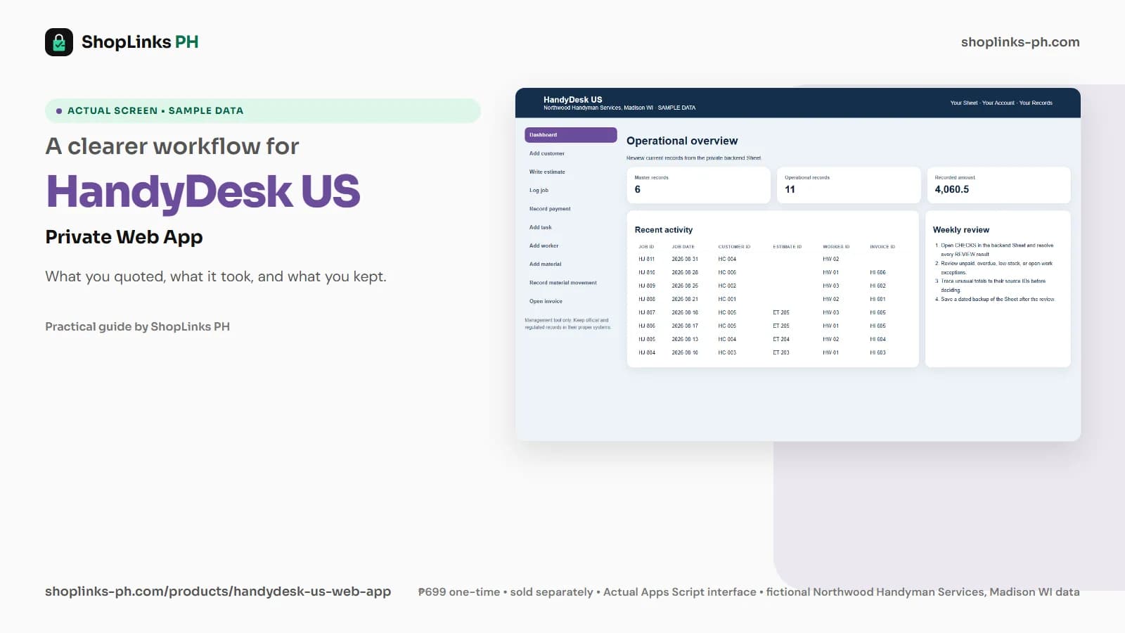 HandyDesk US Private Google Sheets Web App dashboard using fictional sample data