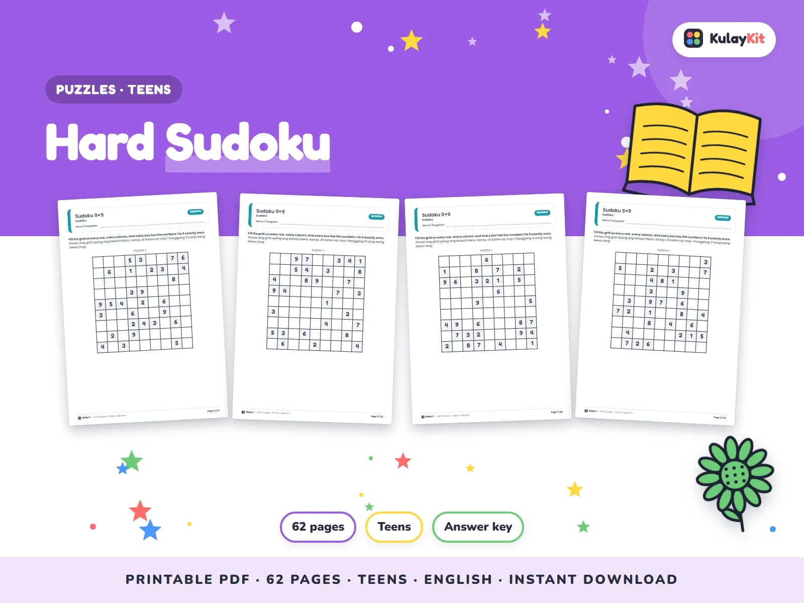 Cover of Hard Sudoku, a printable pack for teens ages 12 to 17, showing four of its pages