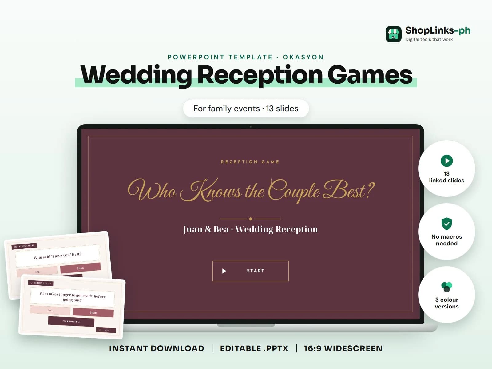 Cover of the Wedding Reception Games PowerPoint template on a laptop