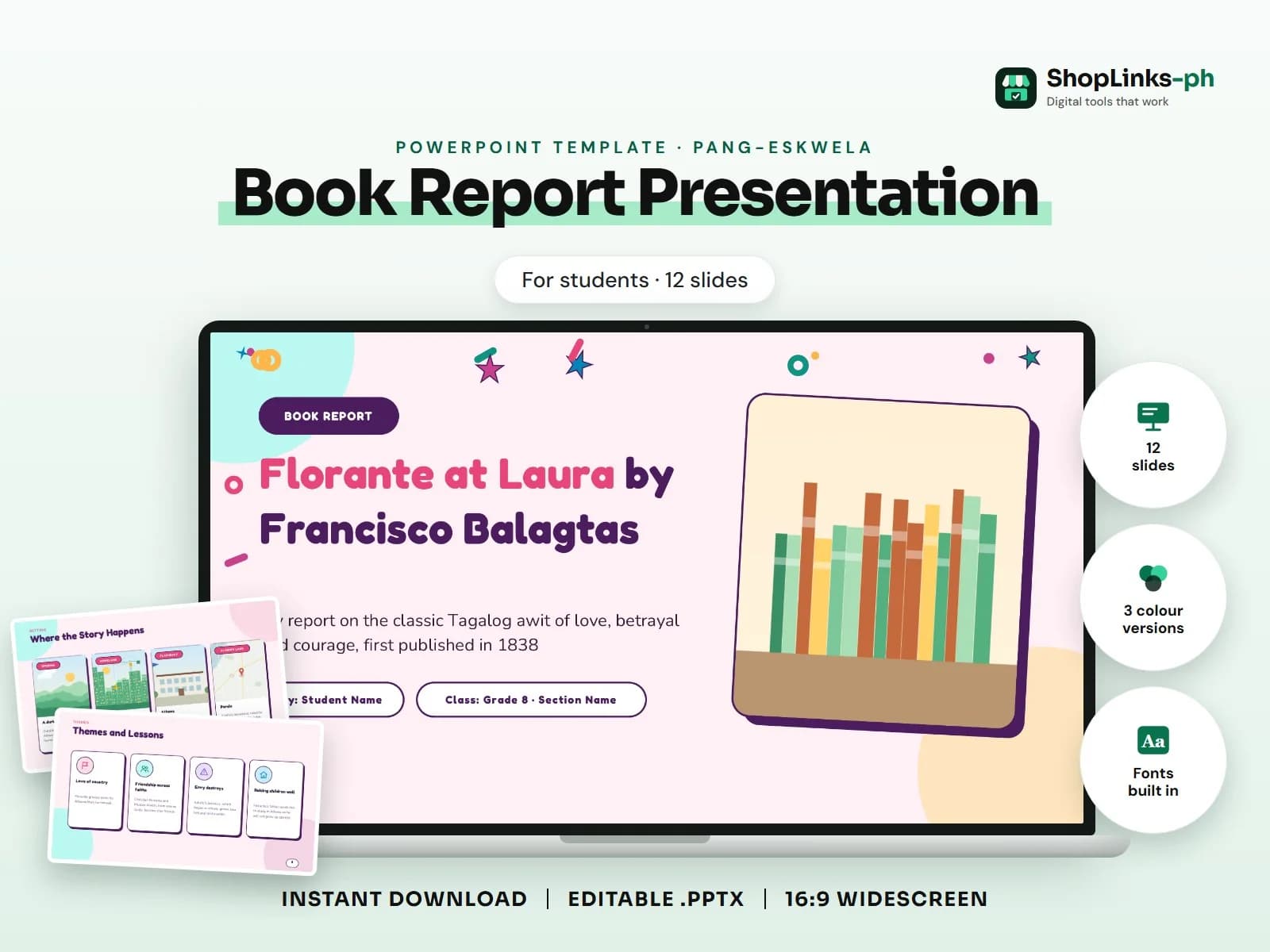 Cover of the Book Report Presentation PowerPoint template on a laptop