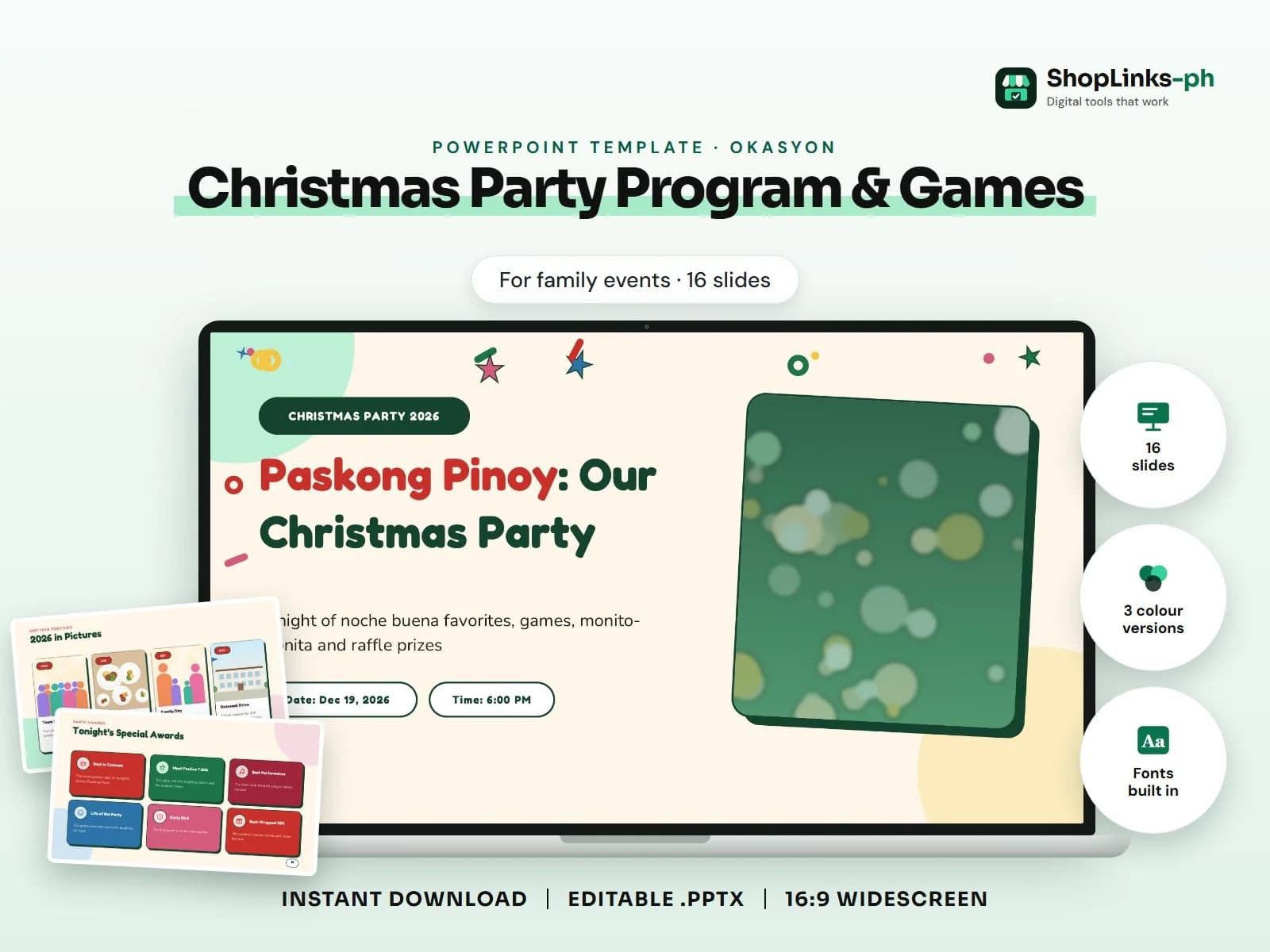 Cover of the Christmas Party Program & Games PowerPoint template on a laptop