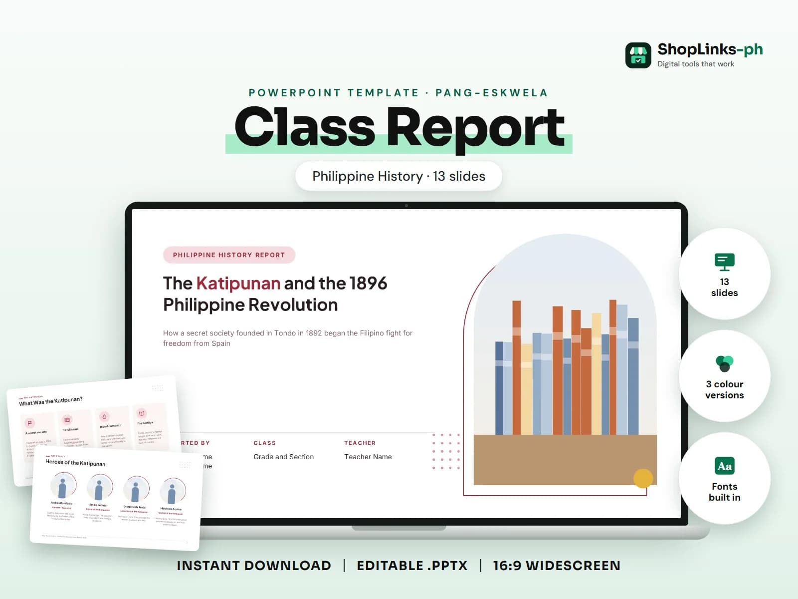 Cover of the Class Report: Philippine History PowerPoint template on a laptop