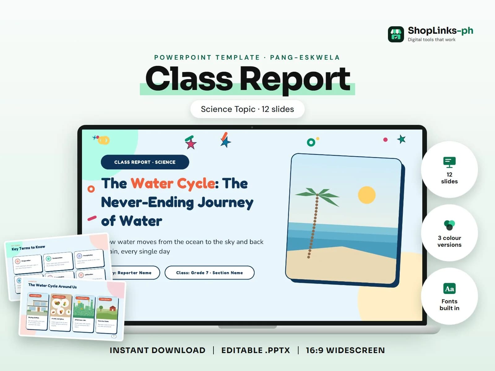 Cover of the Class Report: Science Topic PowerPoint template on a laptop