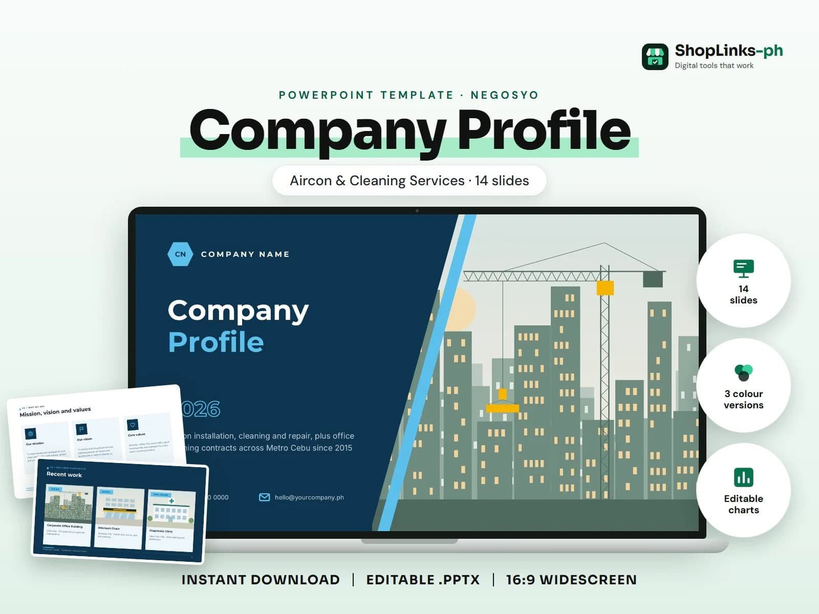 Cover of the Company Profile: Aircon & Cleaning Services PowerPoint template on a laptop
